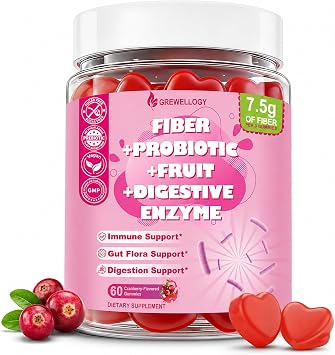 Fiber Gummies for Adults, Sugar Free Fiber Supplement with Prebiotics, Probiotics & Digestive Enzymes for Gut Health Support, 60 Count Cranberry Flavor, Vegan