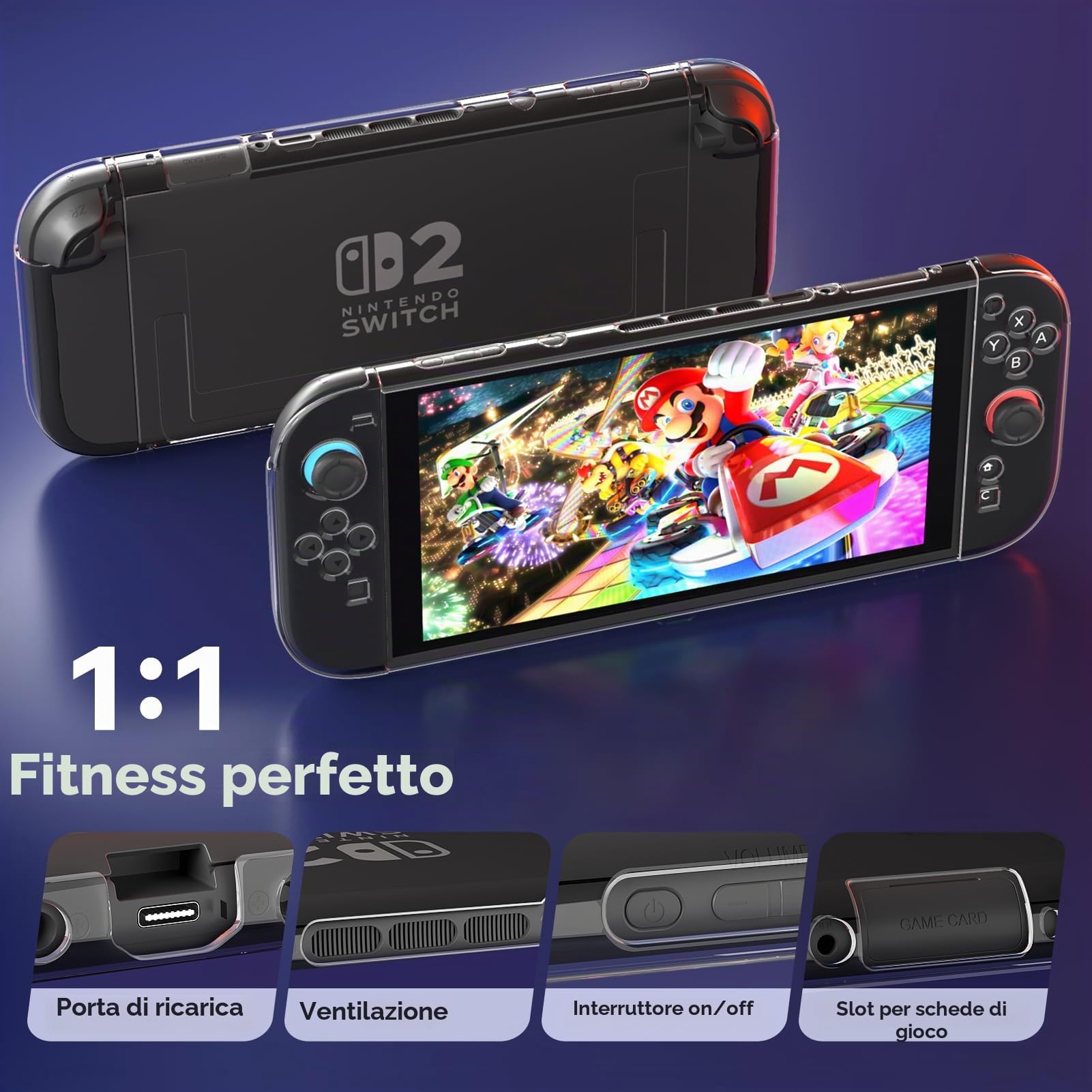 Cover Protettiva per Nintendo Switch 2 2025, Custodia Trasparente in TPU Resistente a Urti e Graffi, con Supporto, 2 Protettori di Schermo e 2 Cappucci per Manopola del Pollice