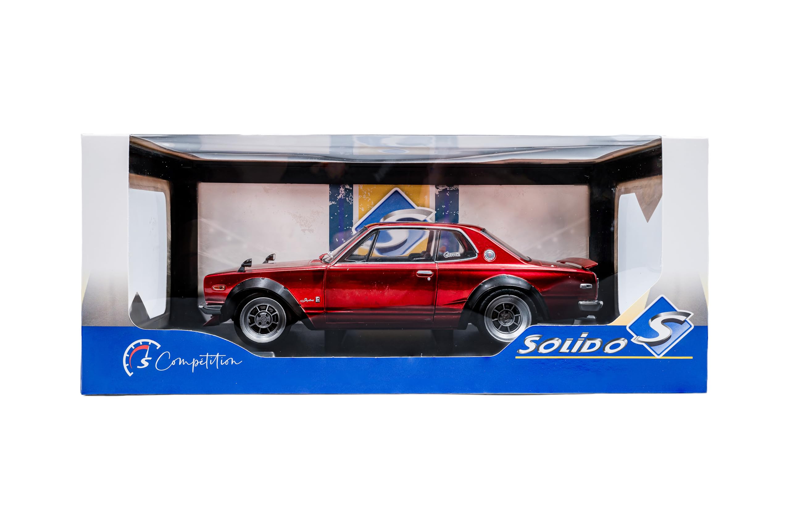 Solido Nissan Skyline (C10) Hakosuka – JDM-Klassiker, kantige Coupéform, Motorsport-Look, Kotflügelverbreiterungen, Diecast Modellauto, Rot, 1:18
