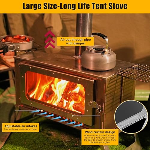 Miniatura 6 de GAOMON Estufa de leña para acampar con parrilla  Estufa de leña de acero inoxidable con tubos y vidrio de visión, estufa de tienda de campaña con