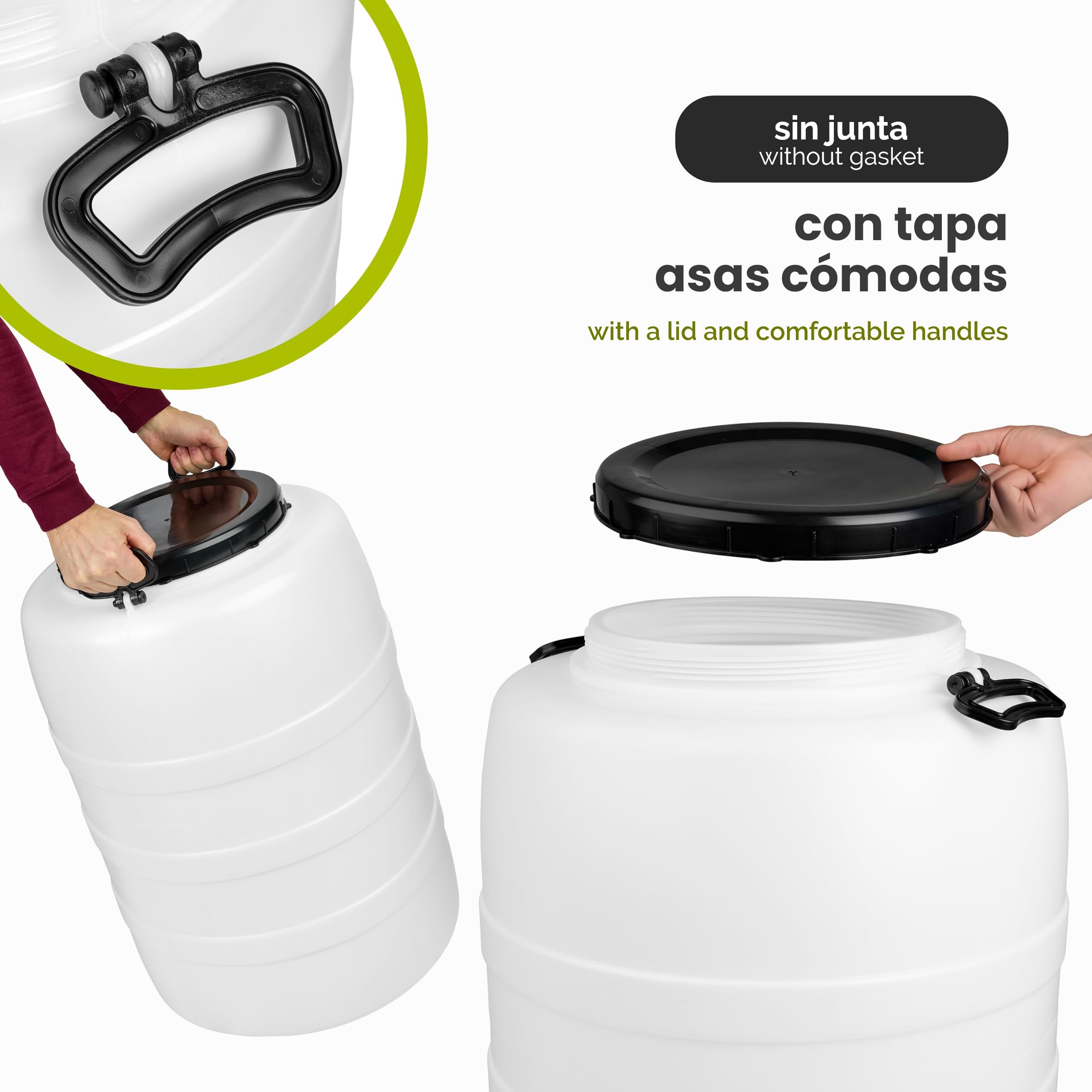Garronda 120 L + Grifo + Prensa Bidon Barril de Plástico HDPE como Contenedor y Deposito para Agua y Alimentos para Almacenamiento, Fermentación y Recogida de Lluvia GD-0187 Blanco