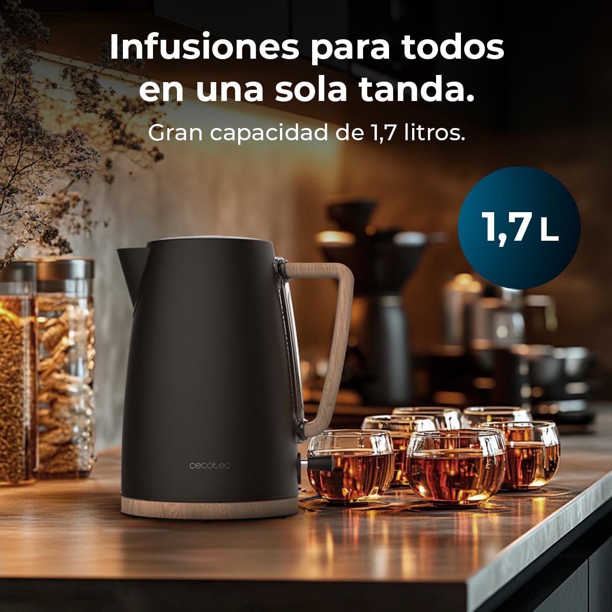 Cecotec Hervidor de Agua Eléctrico ThermoSense 200 Woody, 1,7 Litros, 2200 W, Fabricado en Acero inoxidable, Diseño elegante, Base con giro 360º, Filtro antical desmontable y lavable