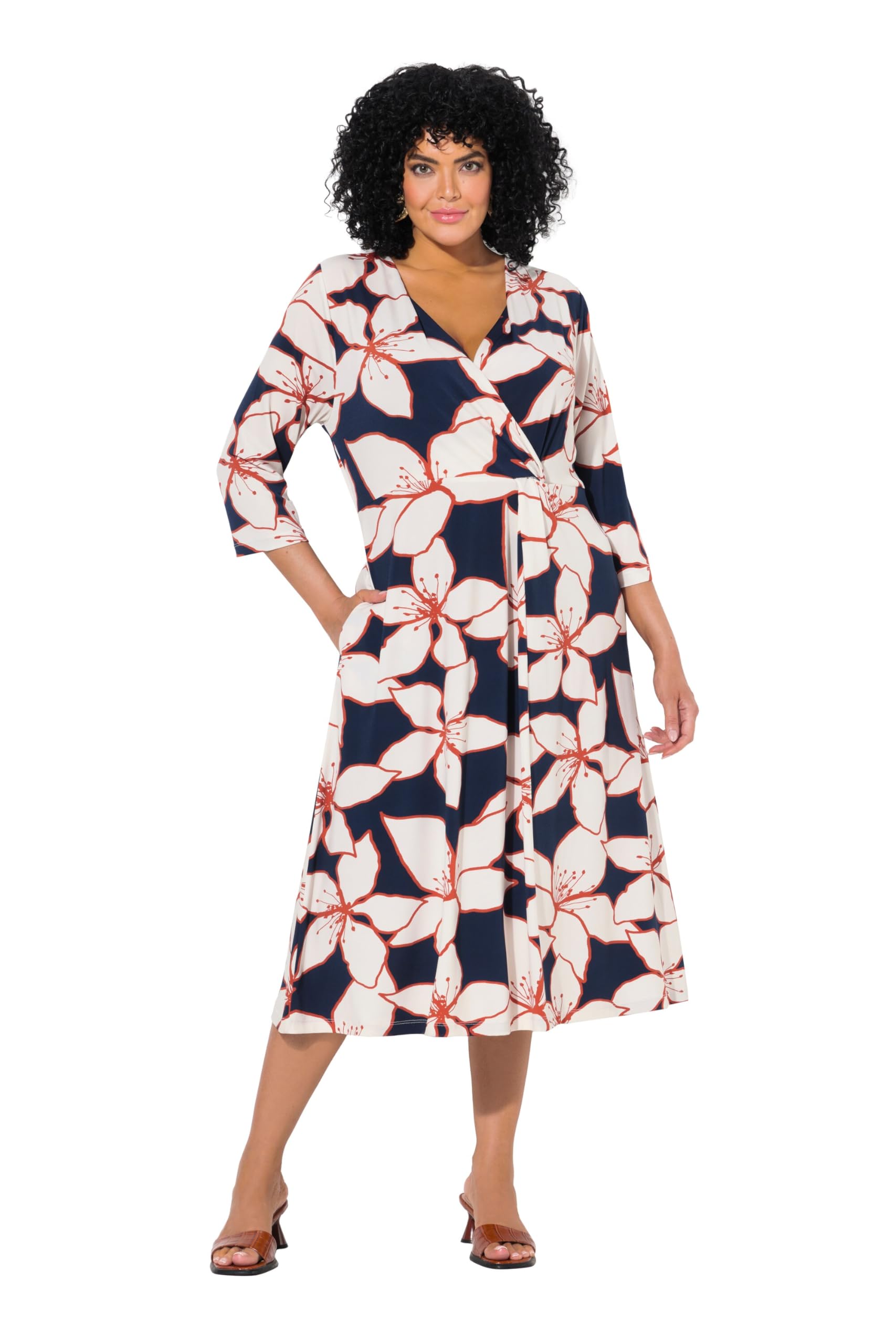 Ulla Popken Damen große Größen Übergrößen Plus Size Midikleid, Blüten, Wickeloptik, V-Ausschnitt, 3/4-Arm 840763