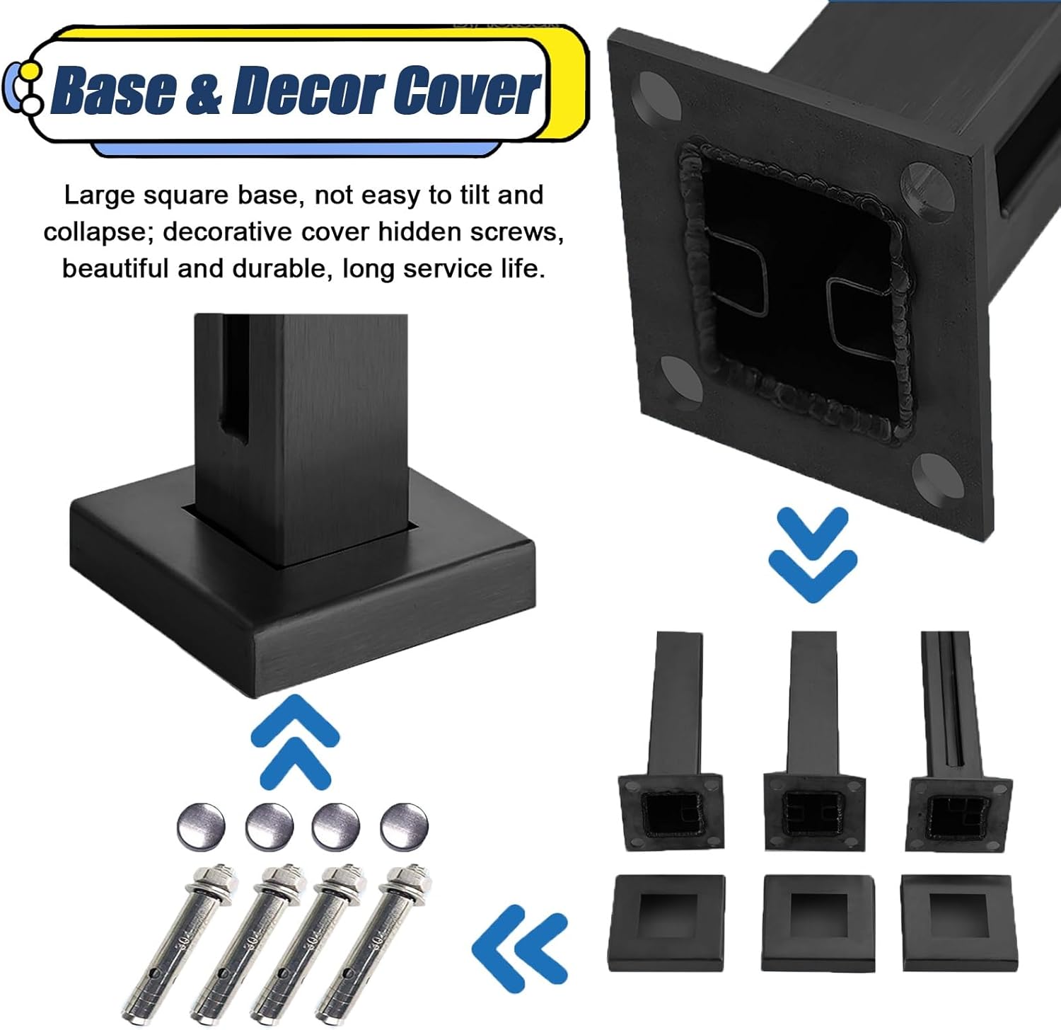 Matte Black Stainless Steel Glass Railing Posts - Windproof Outdoor Fencing for 3/8" or 1/2" Glass Panels, Floor Mount Balustrade for Yard, Balcony & Stairway