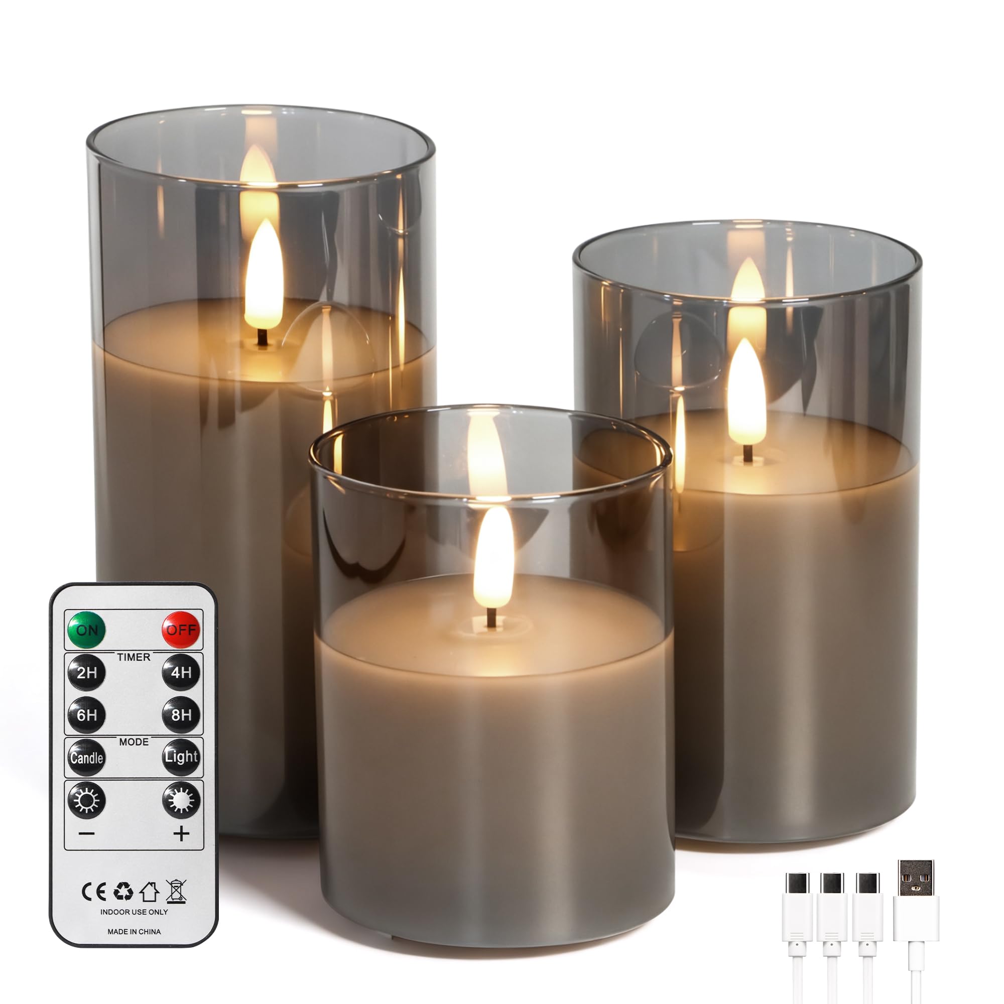 FREEPOWER Set di 3 candele a LED in vetro grigio con telecomando e timer, luce bianca calda tremolante, ricaricabili tramite cavo USB, senza fiamma, cera vera, Ø 7,5 x 10/12,5/15 cm