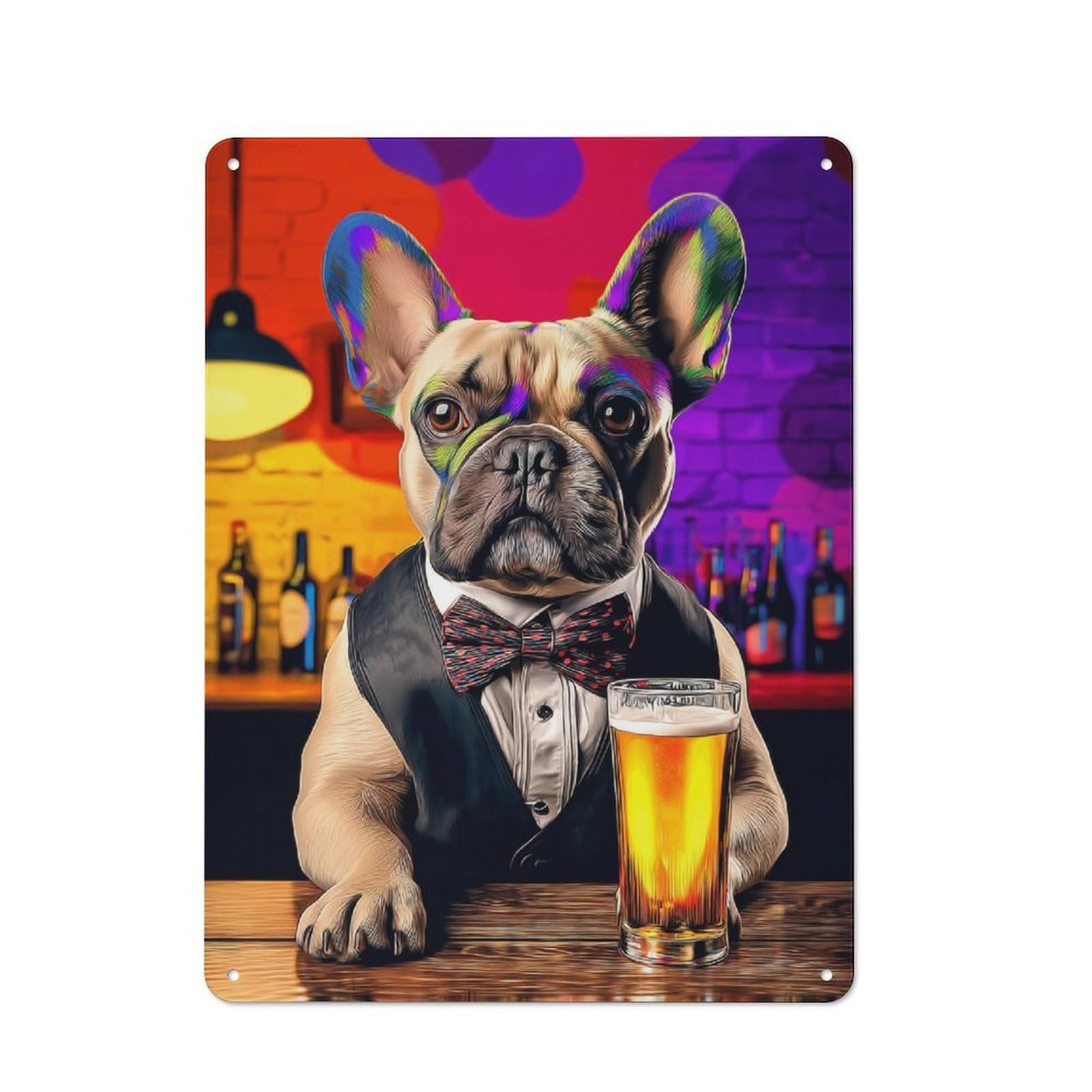 Junmoney Colorful Bulldog In Tuxedo With Beer Printed Metal Sign 40X30cm For Guest Room Or Hallway, Suited To Home Decor Collectors