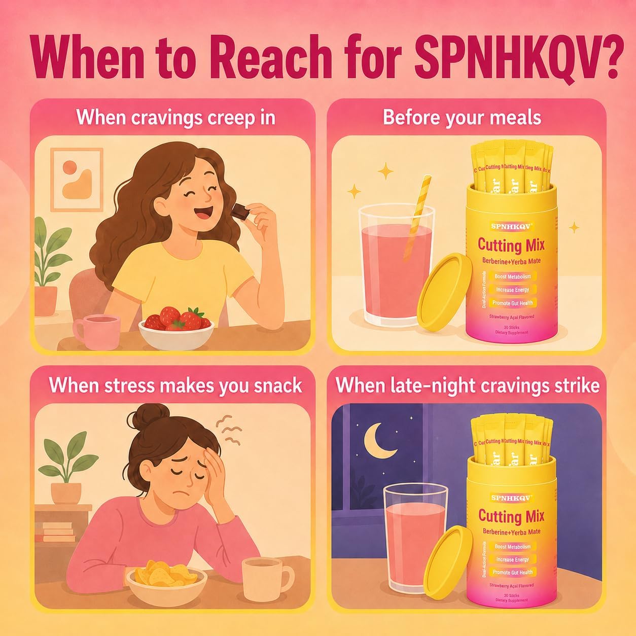SPNHKQV Cutting Mix Berberine + Yerba Mate, Strawberry Açaí Blend, 30 Stick Packs, Vegan Dietary Supplement Drink Mix with Chromium, 5-HTP, Magnesium & FOS for Metabolism and Energy Support thumbnail