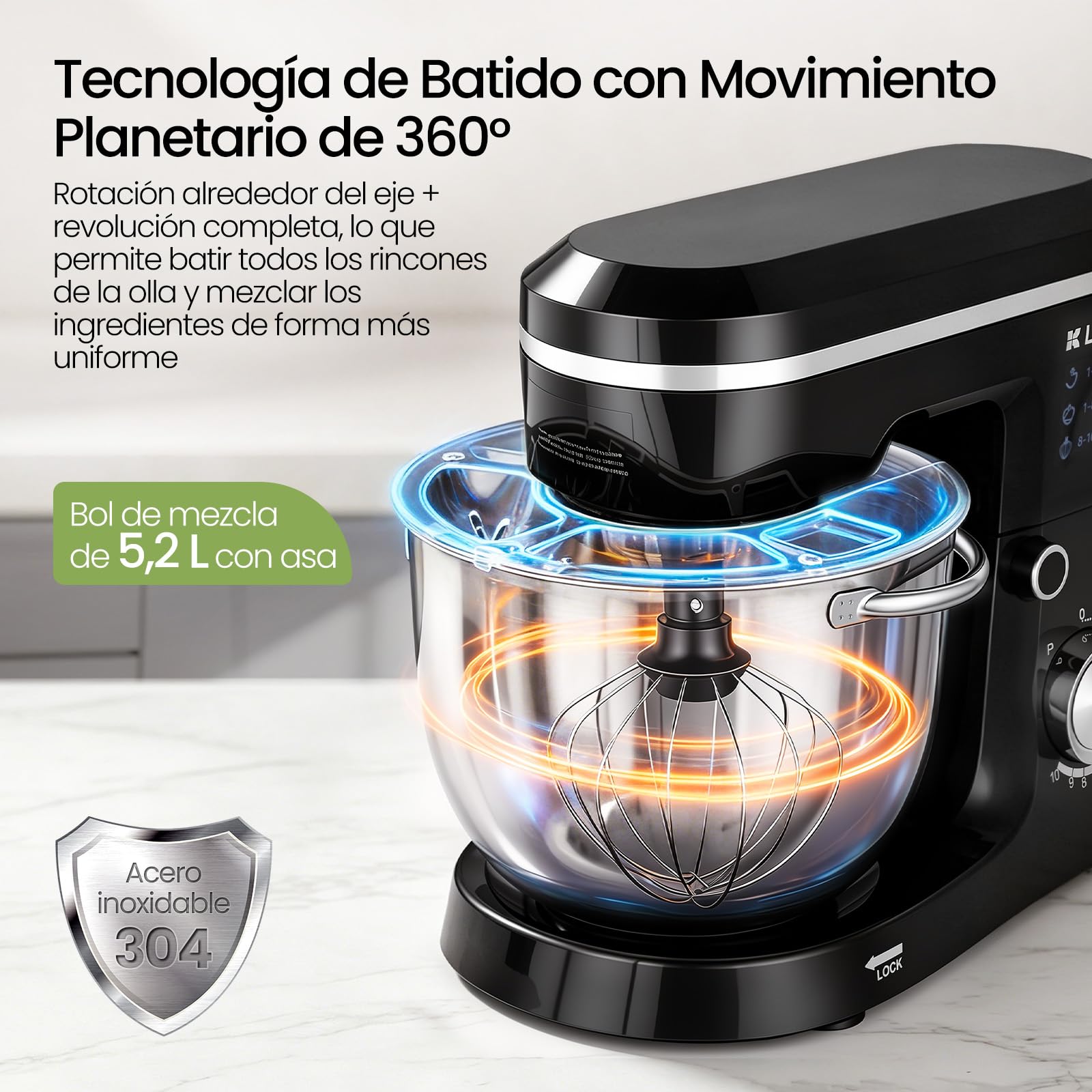 LLIVEKIT Batidora Amasadora con Bol 5,2 L, 10 Velocidades + Función Pulso | Robot Cocina 1500 W, Amasadora Pan y Reposteria, Batidora Multifuncional con Accesorios para Batir y Amasar, Bajo Ruido