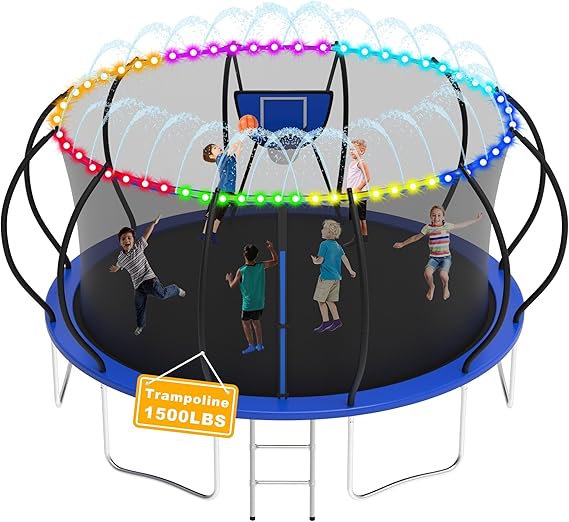 1500LBS Tranpoline Outdoor 8 10 12 14 16FT Tranpoline for Kids and Adults,【Easy to Install & Built to Last】 Recreational Tranpolines with Net, Light+Sprinkler, Basketball Hoop, ASTM Approved