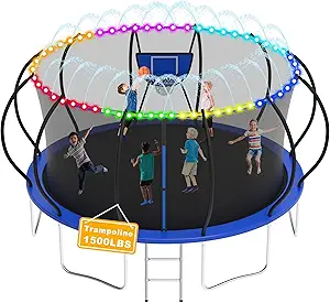 1500LBS Tranpoline Outdoor 8 10 12 14 16FT Tranpoline for Kids and Adults,【Easy to Install & Built to Last】 Recreational Tranpolines with Net, Light+Sprinkler, Basketball Hoop, ASTM Approved