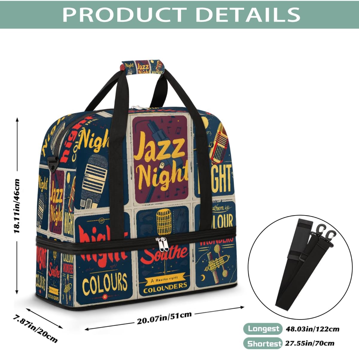 Music Retro Color Posters Large Weekender Bag with Shoe Compartment Travel Duffel Bags for Women Carry On Hospital Overnight Bag Foldable Personal Item Travel Bags Tote Gym Sports Airplanes