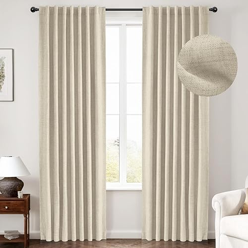 Miniatura 9 de INOVADAY Cortinas 100% opacas de 84 pulgadas de largo, juego de 2 paneles de lino con pestaña trasera y bolsillo para barra, cortinas opacas para