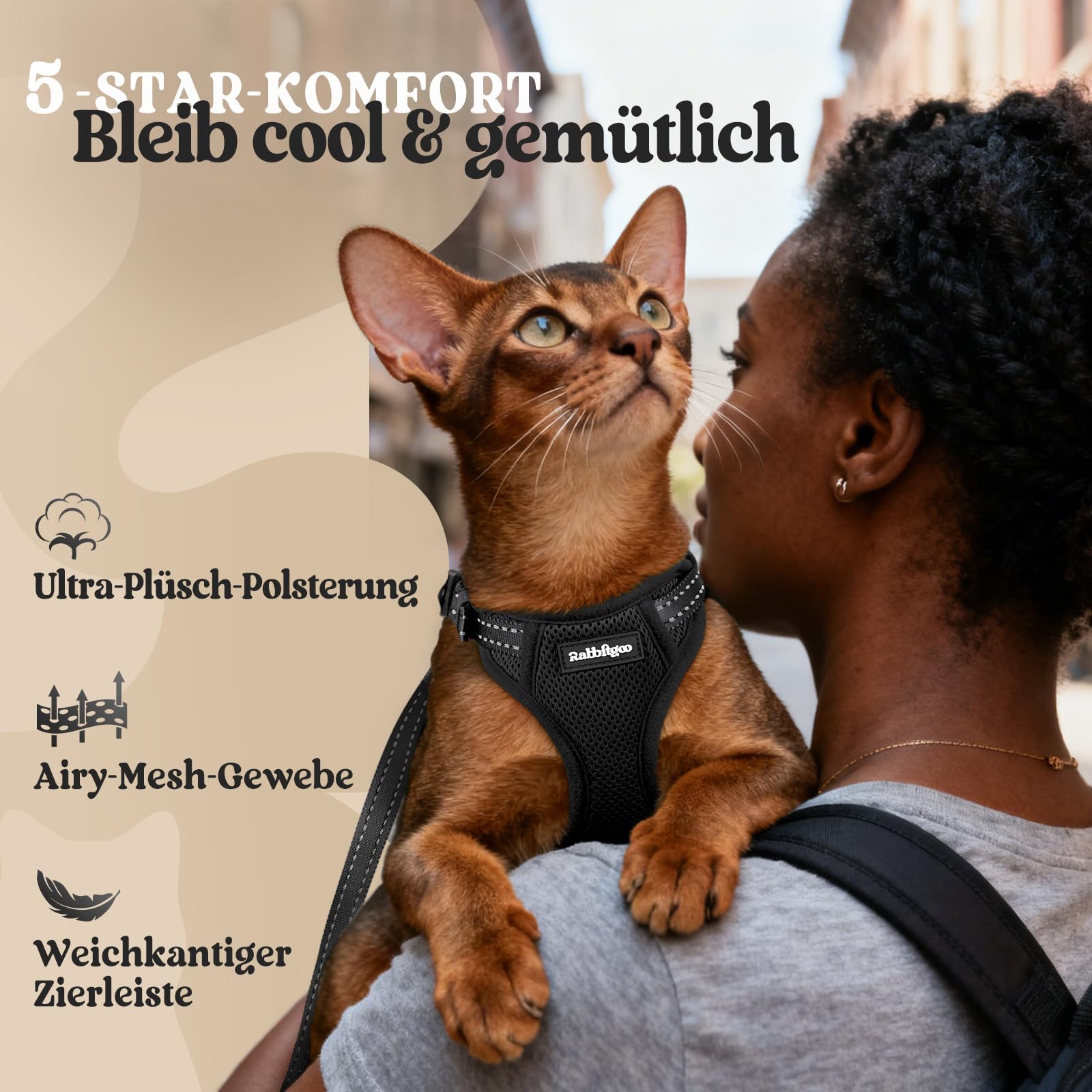 rabbitgoo Katzengeschirr mit Leine mit Hals-Klickverschluss, S, Schwarz | Kein Über-Kopf-Ziehen, Ausbruchsicher, Verriegelte Schnallen, Weiches Air-Mesh, Reflektierend, für Ausgewachsene Katzen