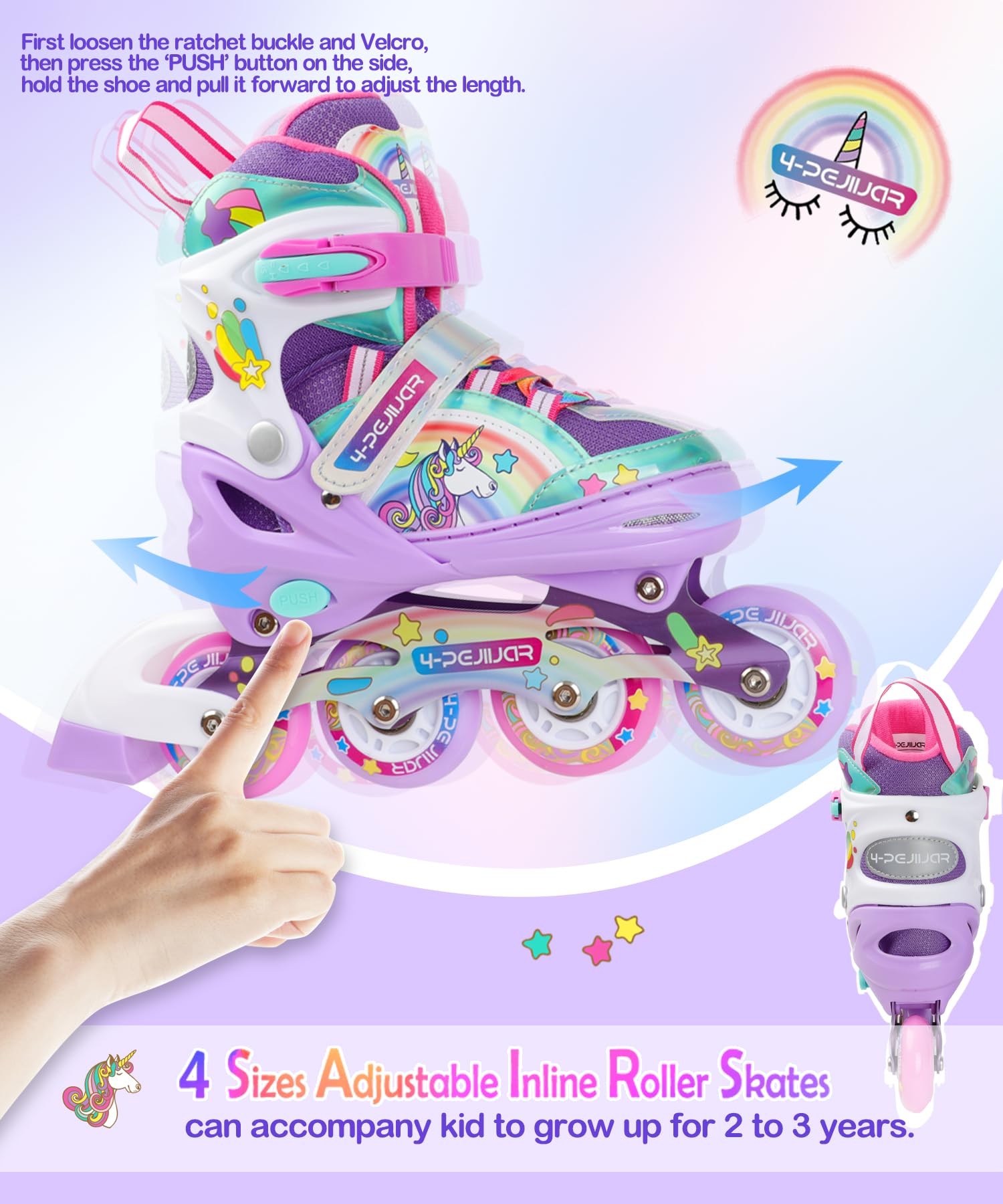 Licorne Rollers Enfant avec Roues Lumineux Patins à roulettes Alignées Rollers en Ligne Taille Ajustable Rollers Quad pour Filles Femmes Débutants Cadeau de Noël d'anniversaire