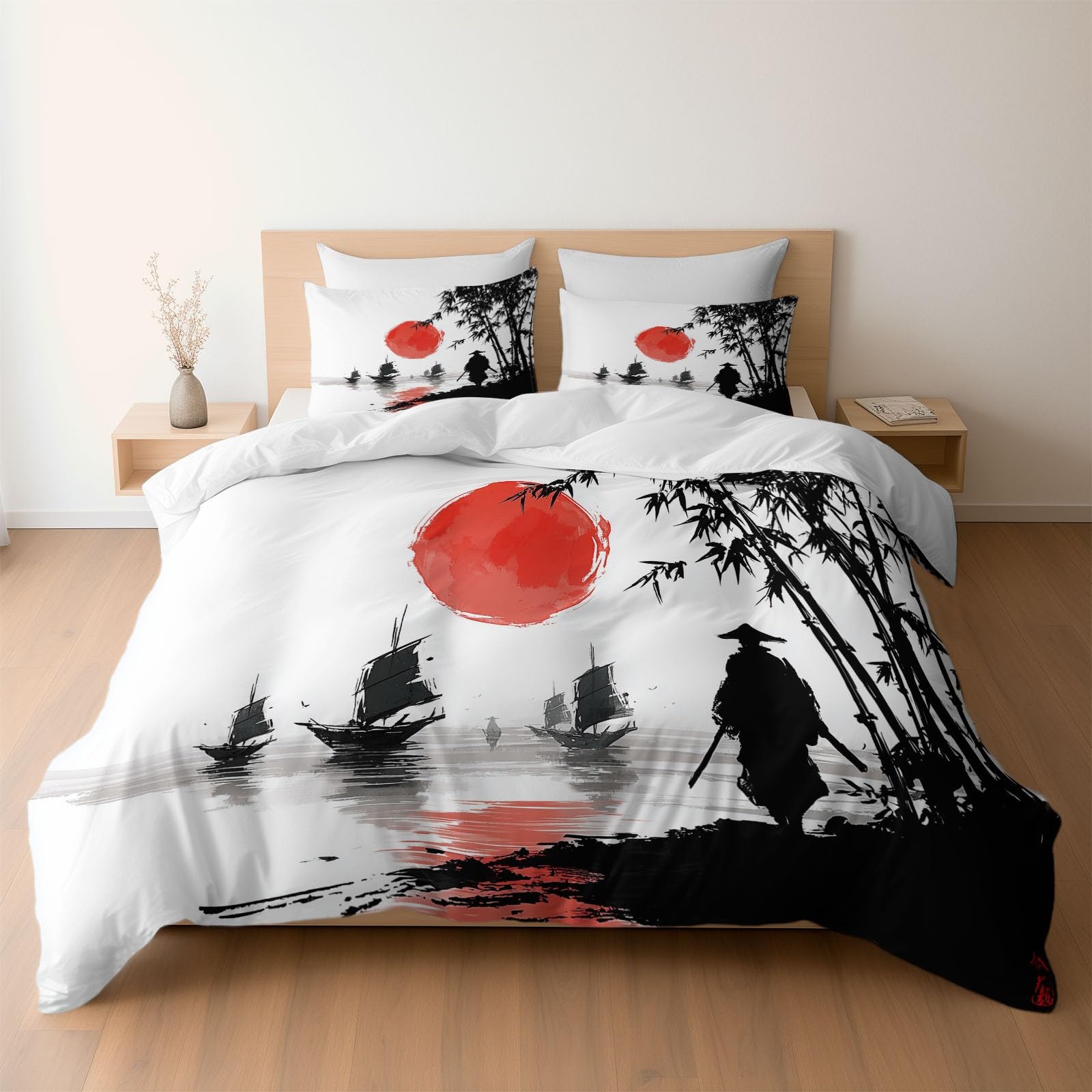 Housse de couette anti-acarien 200x200 hypoallergénique motif samouraï et bambou
