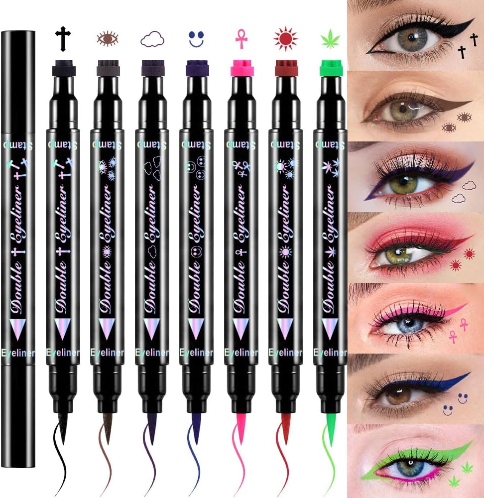 7Pcs Colored Eye Liners Face Stamp Cosplay Gothic Makeup Set Kit Accessories, Black Brown Purple Blue Red Pink Green Stamps Eyeliner, Star Flowers Heart Moon Triangle Lightning Butterfly Stamp