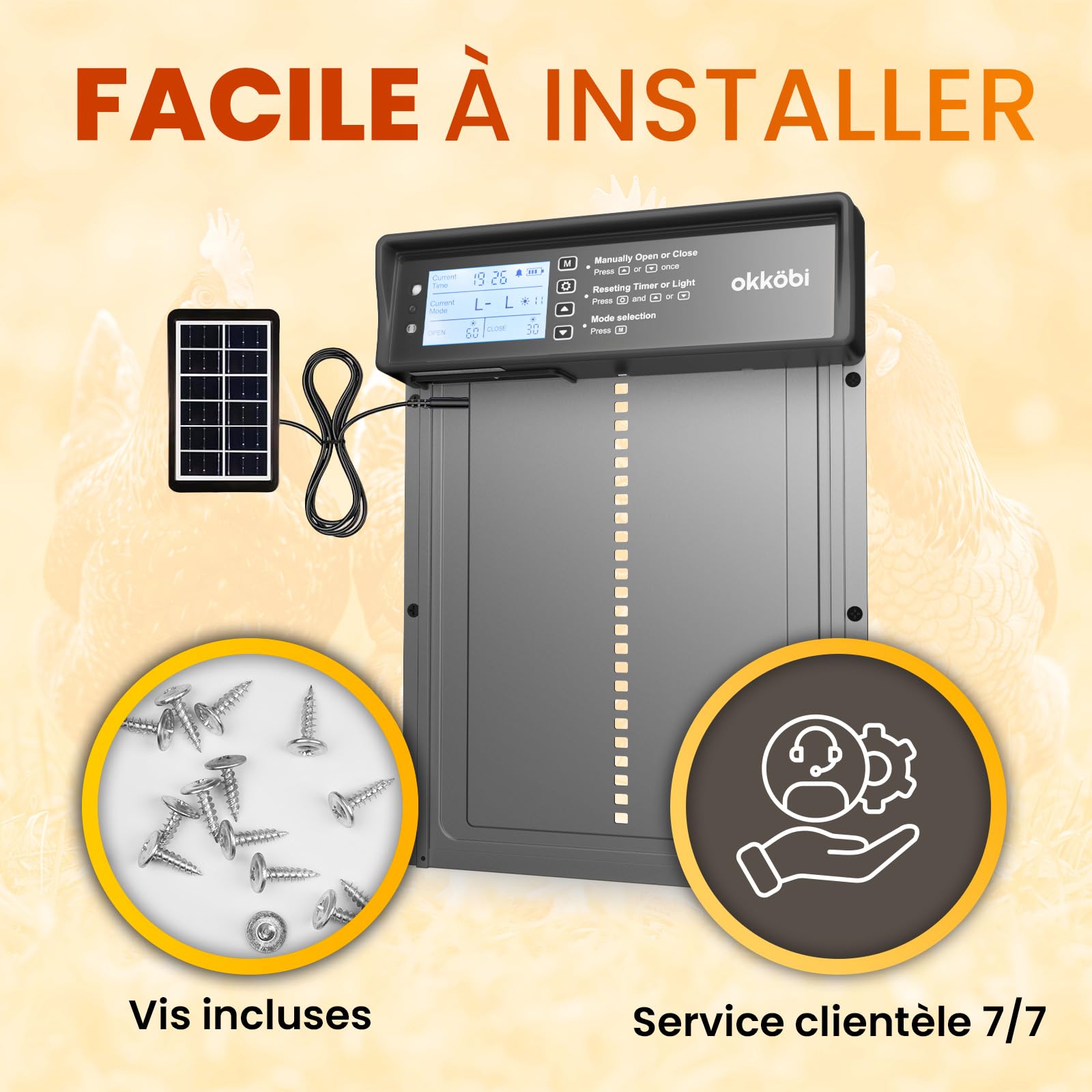 Okkobi Porte Automatique Poulailler Solaire - Ecran LCD - Télécommande, capteur de lumière et minuterie - Sécurité et tranquillité d'esprit : Fonction Anti-pincement - Protection 5 Ans