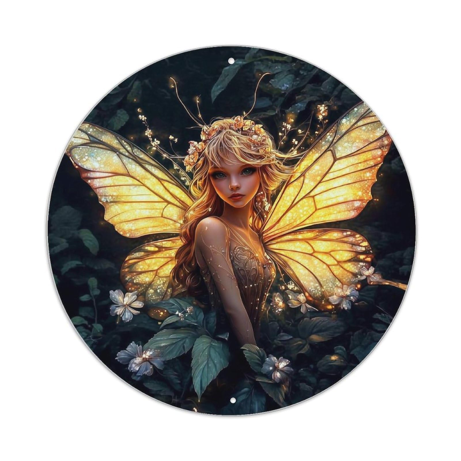Glowing Fairy Wings Floral Pattern Vintage Metal Tin Sign Retro Wall Decor for Home Bar Garage Cafe, Indoor & Outdoor Decorative，circle Metal Poster, 8x8 Inch