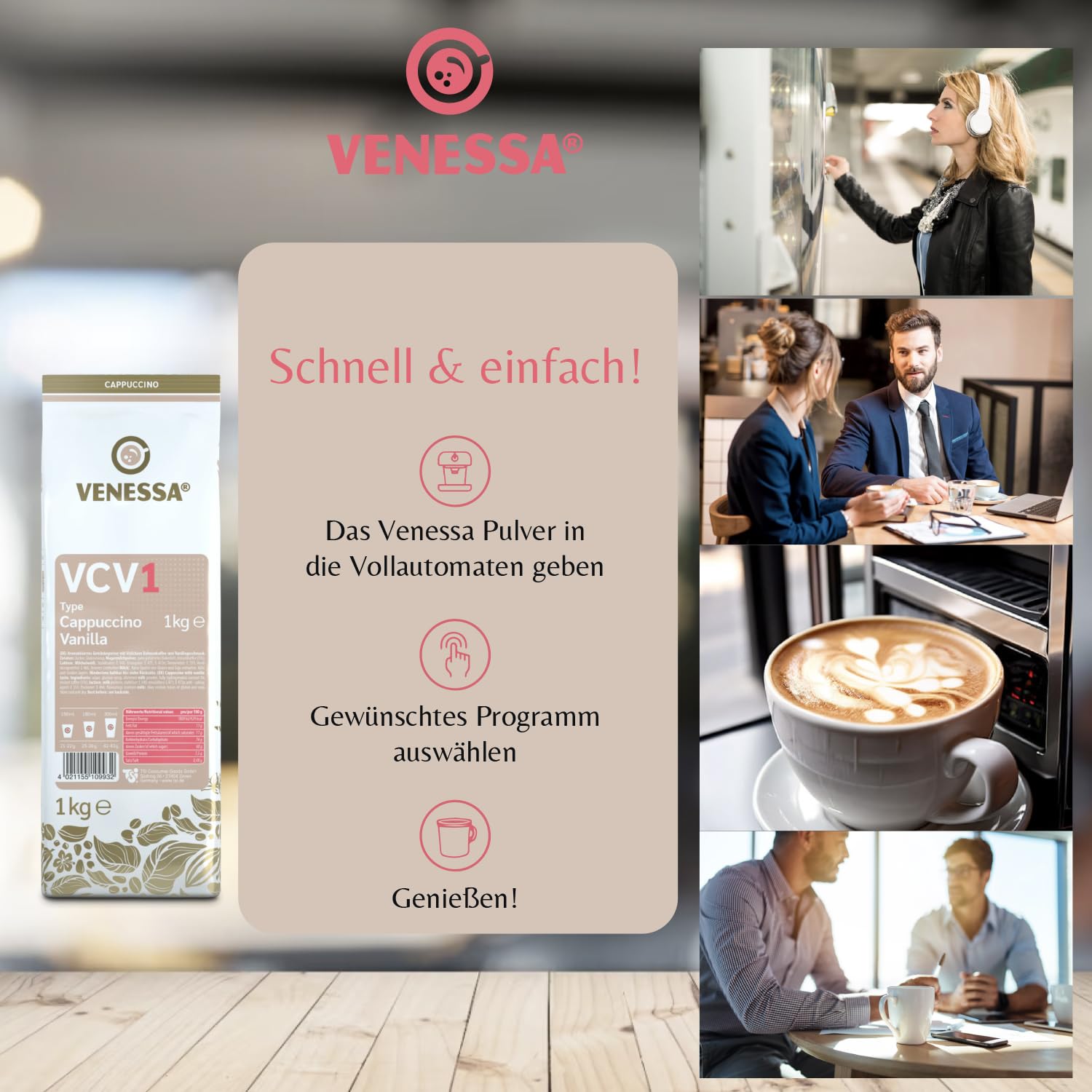 VENESSA VCV1 Cappuccino Vainilla 20 x 1 kg – Pack ahorro – Café instantáneo con sabor a vainilla – Cappuccino cremoso con fina vainilla – Apto para todas las cafeteras automáticas