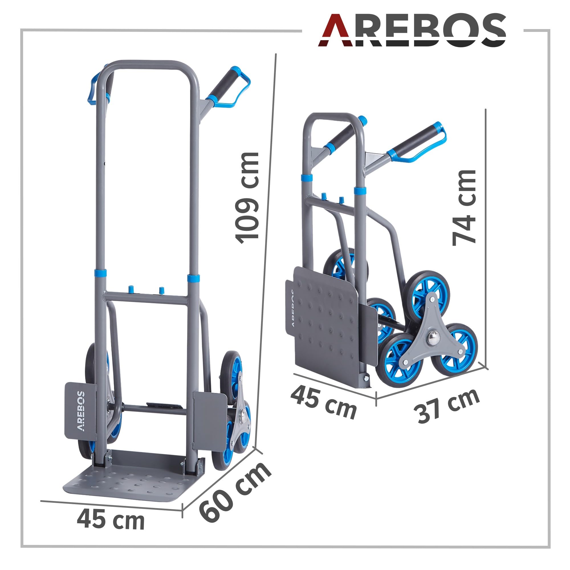 Arebos Carrello per scale portasacchi | Carrello per scale pieghevole | Carrello per scale con pneumatici in gomma dura e telaio in acciaio | Carrello di trasporto carrello elevatore | Carrello di