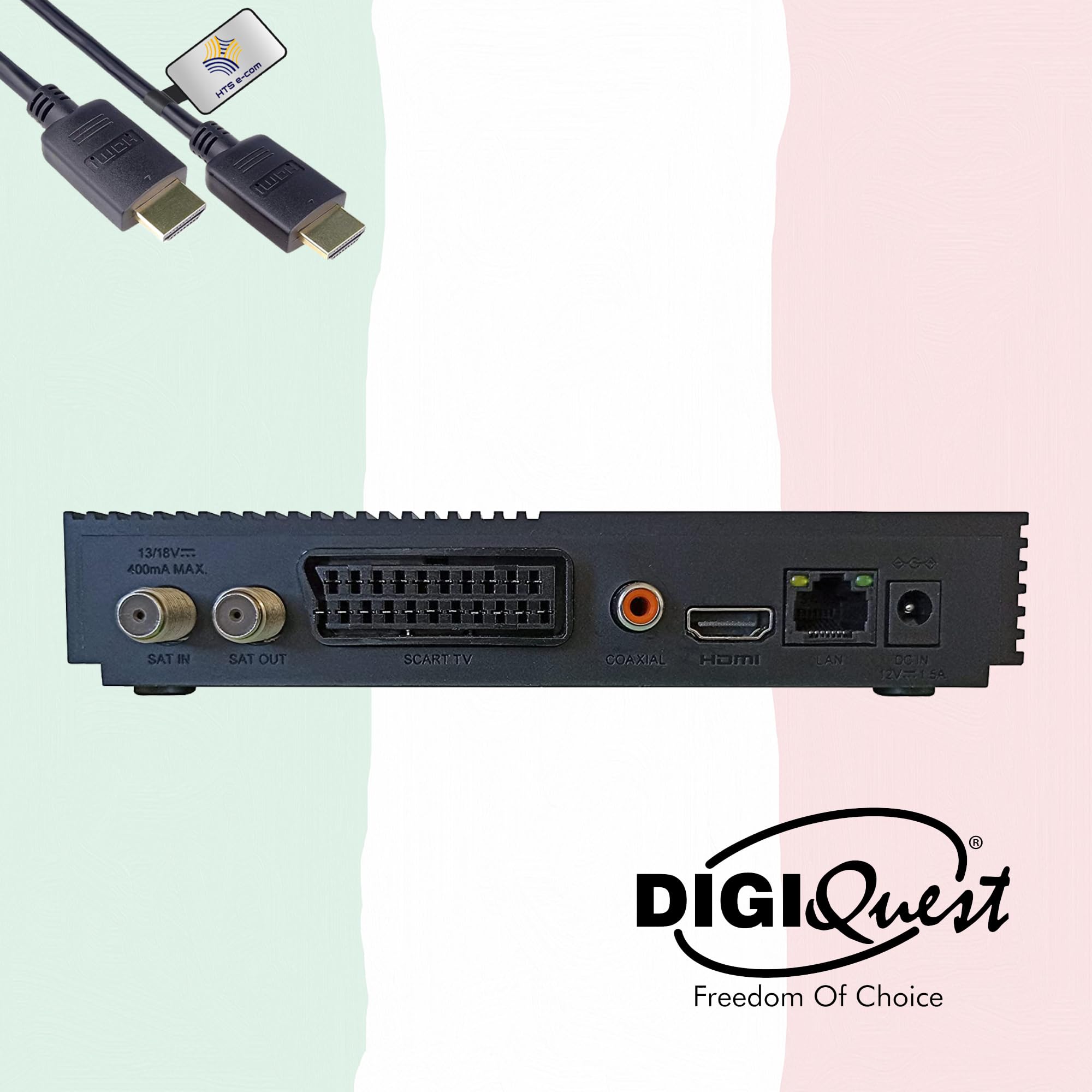 DIGIQuest Ti9 HD Sat-Receiver mit TivùSat HD Karte aktiviert, HTS eCom HDMI | Tivu zertifiziert, DVB-S2, Full HD 10Bit HEVC, Italien TV, Rai, Mediaset, LA7, Hotbird 13°, USB, 12V-Betrieb