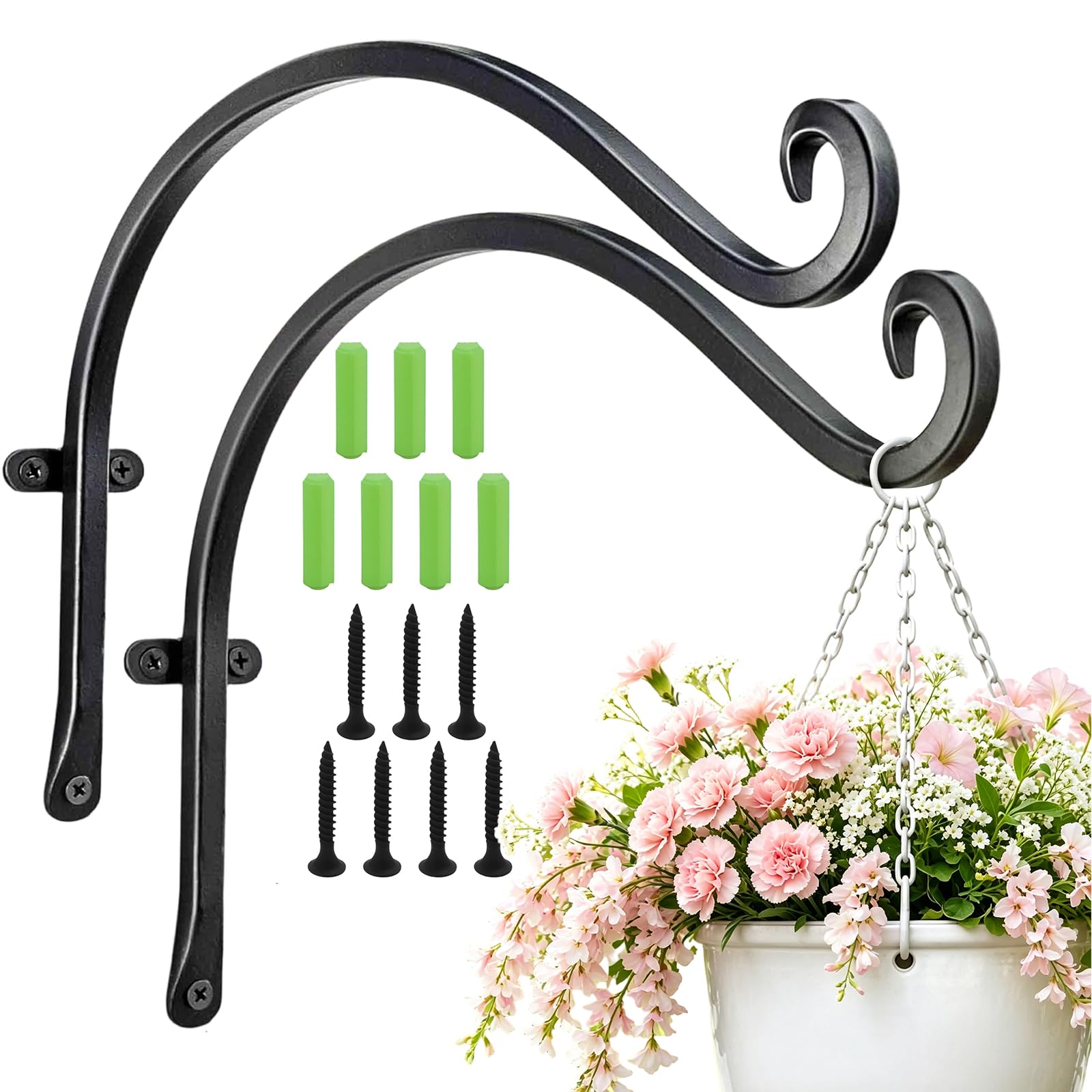 MospdyGear 2Pcs 12 Inch Heavy Duty Plant Hangers, Sturdy Outdoor Wall Brackets for Baskets and Lanterns, Decorative Metal Hooks for Garden Pots (Black)