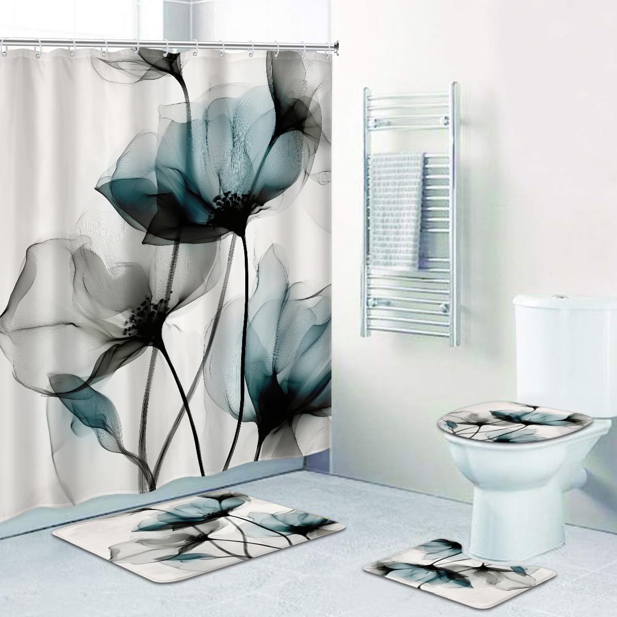 Riyidecor 4PCs Gray Blue Floral Shower Curtain Bathroom Set with Non-Slip Rugs, Toilet Lid Cover and Bath Mat Watercolor Flower Waterproof 12 Pack Hooks 72x72 inch Shower Ink Painting Curtain Decor