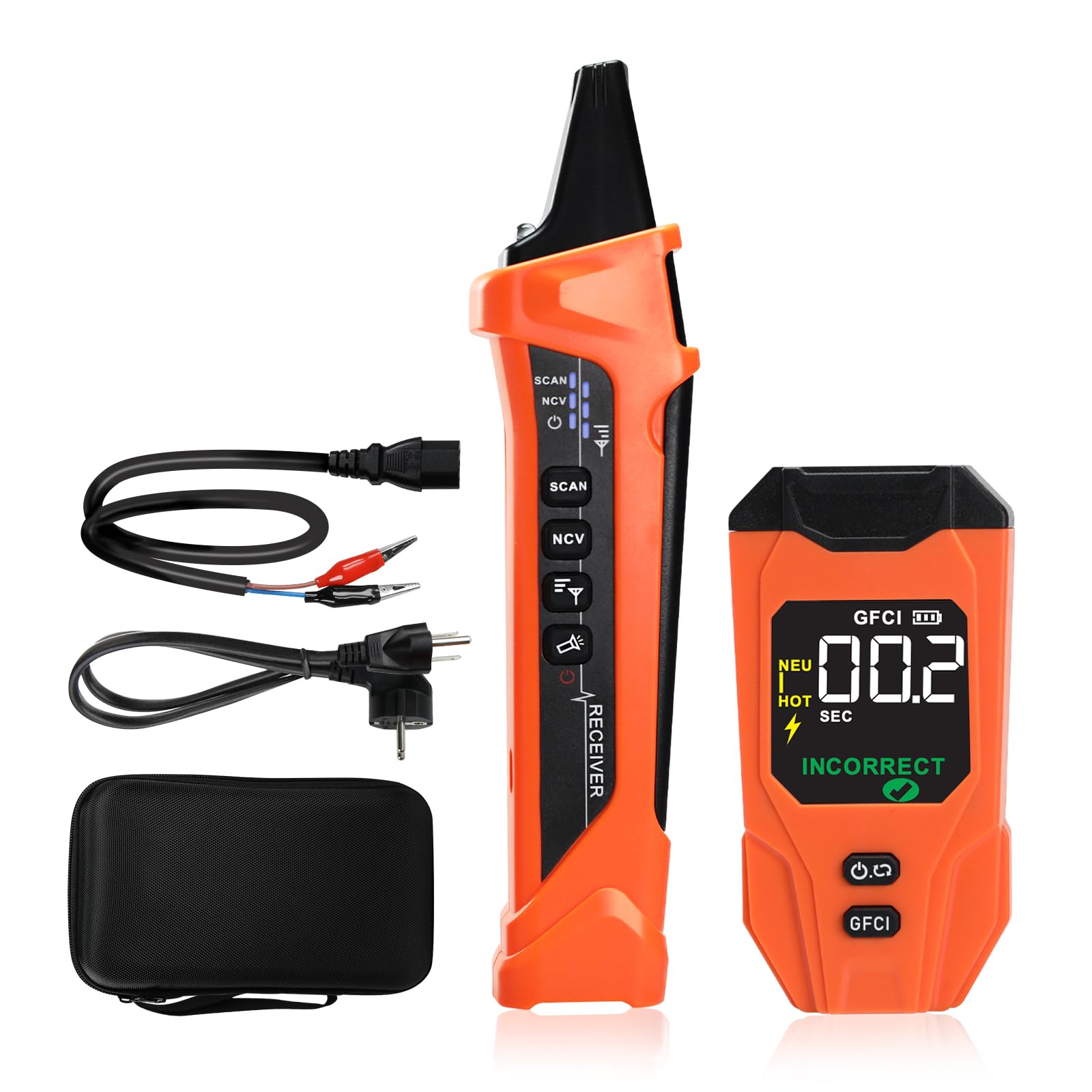 Wiederaufladbares Leitungssuchgerät-Set mit Stromkreisprüfer, GFCI-Steckdosenanalysator, NCV-Spannungssensor, LCD-Display, LED-Taschenlampe, Ton- & Lichtanzeigen, Tasche