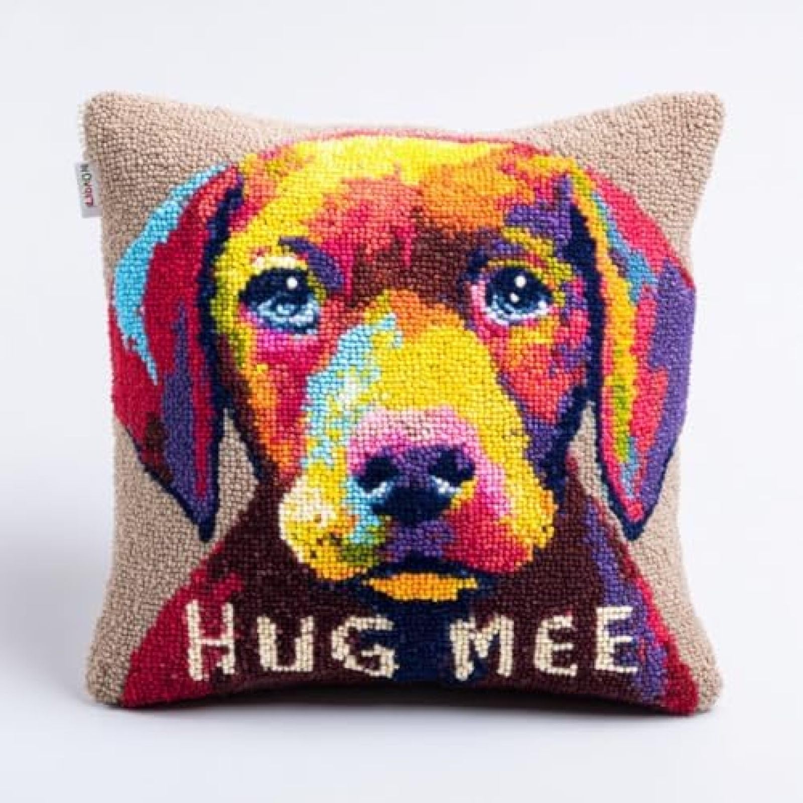 kitphoenix Retriever and Text Hug Me Cushion Cover Latch Hook Kit,DIY Craft Gift for Women and Beginners with Pre-Printed Canvas,Yarn and Hook
