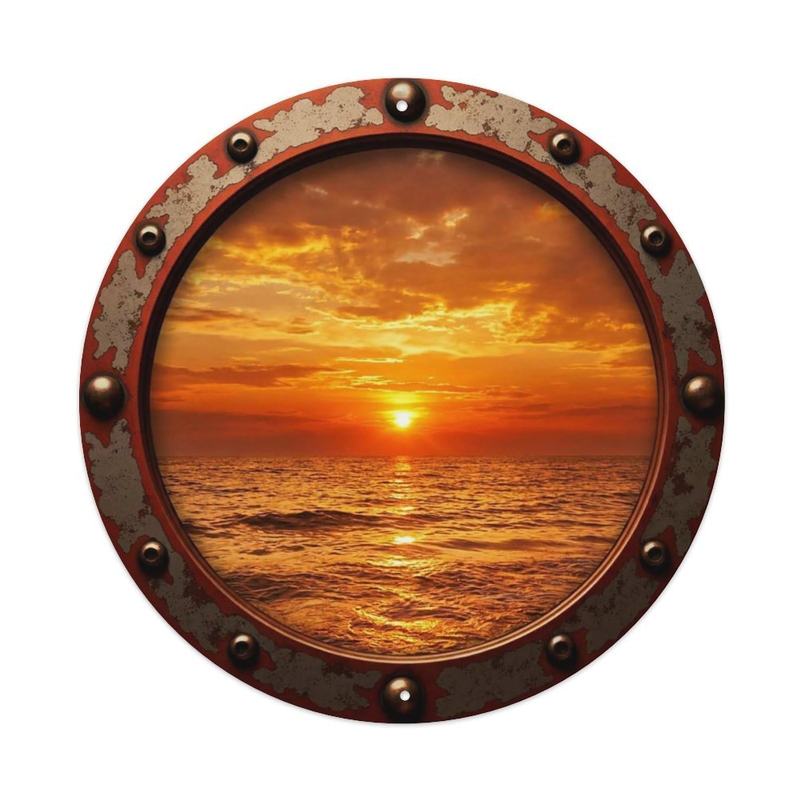 Vintage Porthole Blazing Orange Sunset View Vintage Metal Tin Sign Plaque Wall Decor for Cafe, Club Bar, Office, Garden Metal Poster 8x8Inch