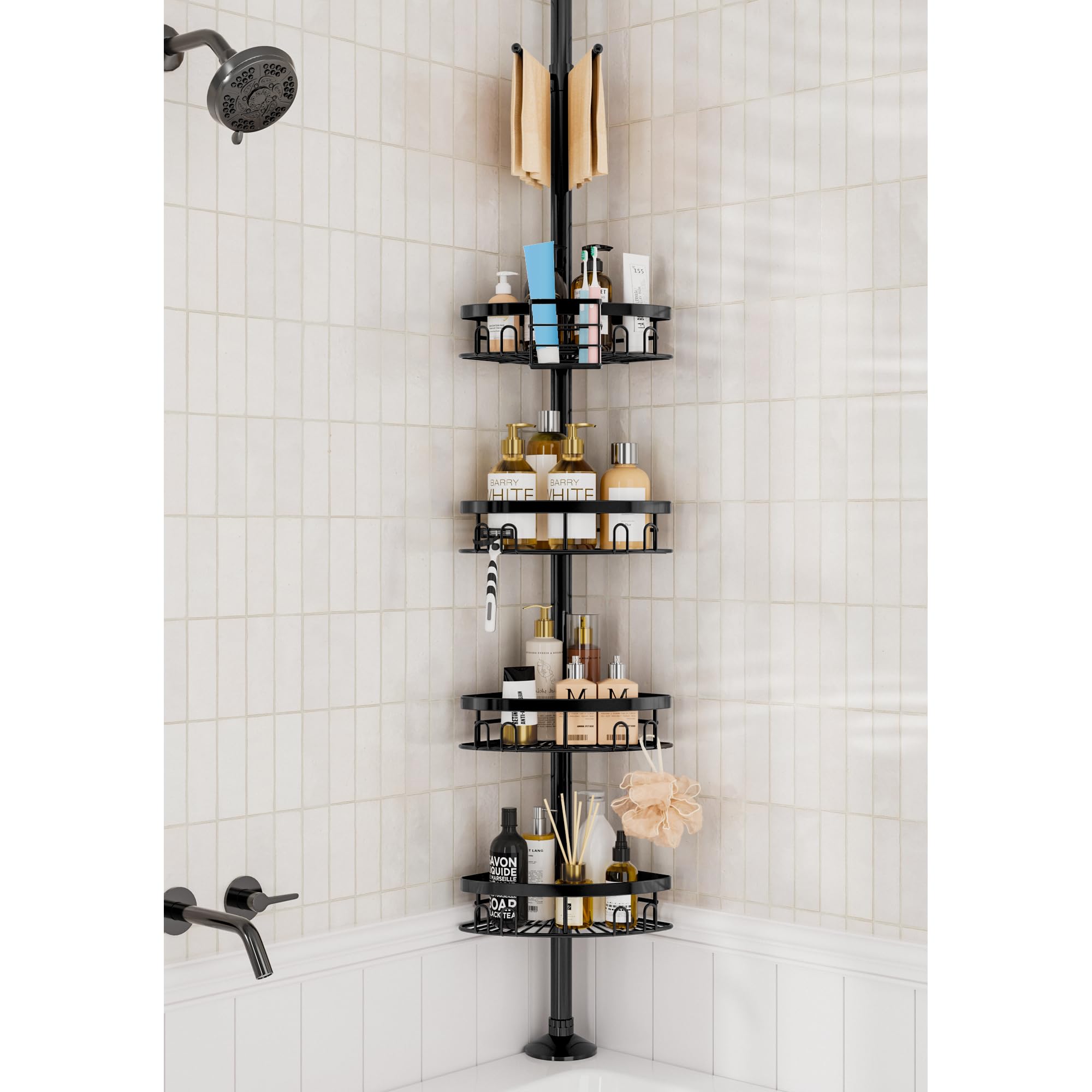 cutefafa Rustproof Corner Shower Caddy Freestanding Tension Pole 4 Large Baskets for Bathtub Shampoo Storage Organizer Bathroom Height