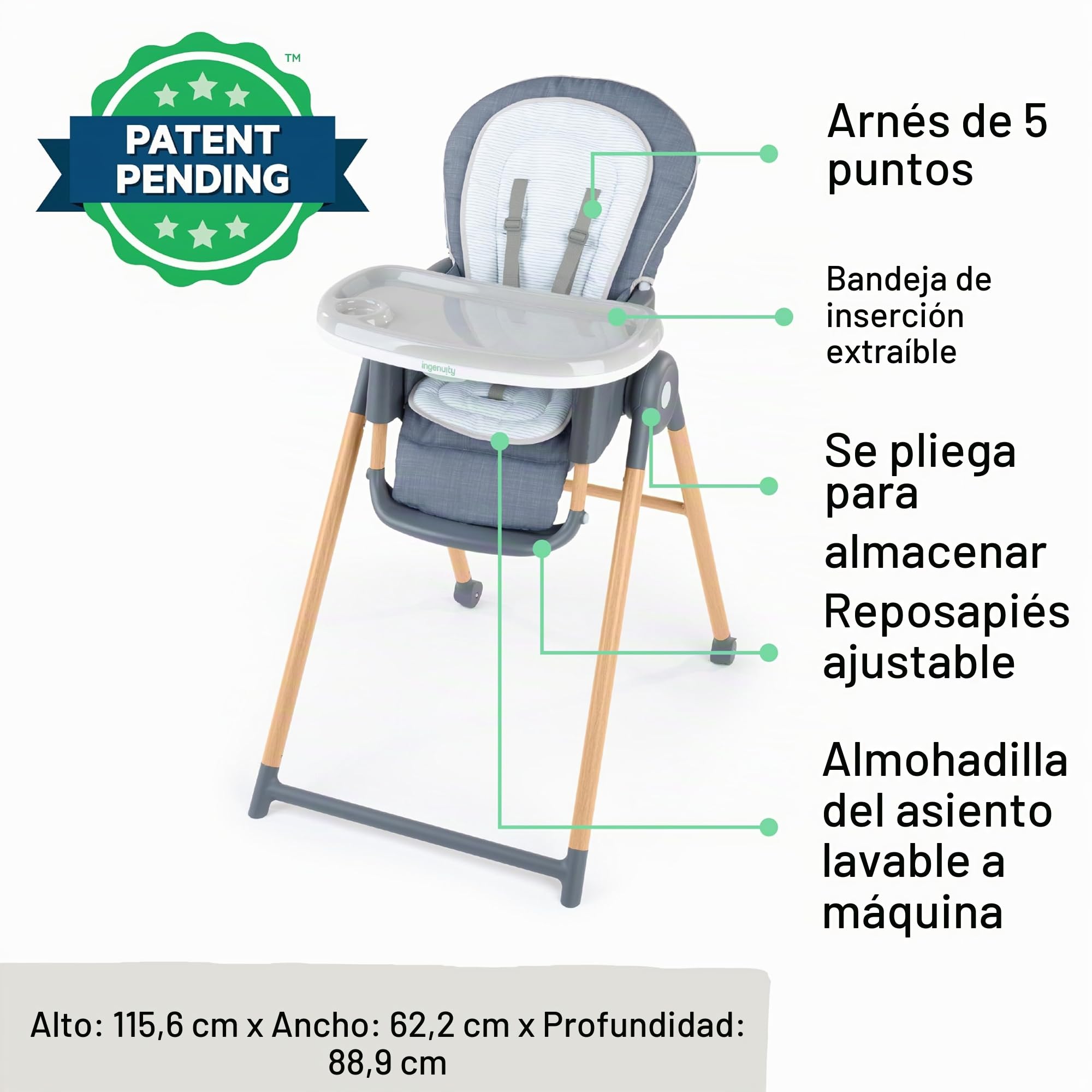 Ingenuity, Trona, Silla para Bebés 7 en 1 Proper Positioner, Asiento Infantil y Mecedora Extraíble, Unisex, Para 0-36 Meses
