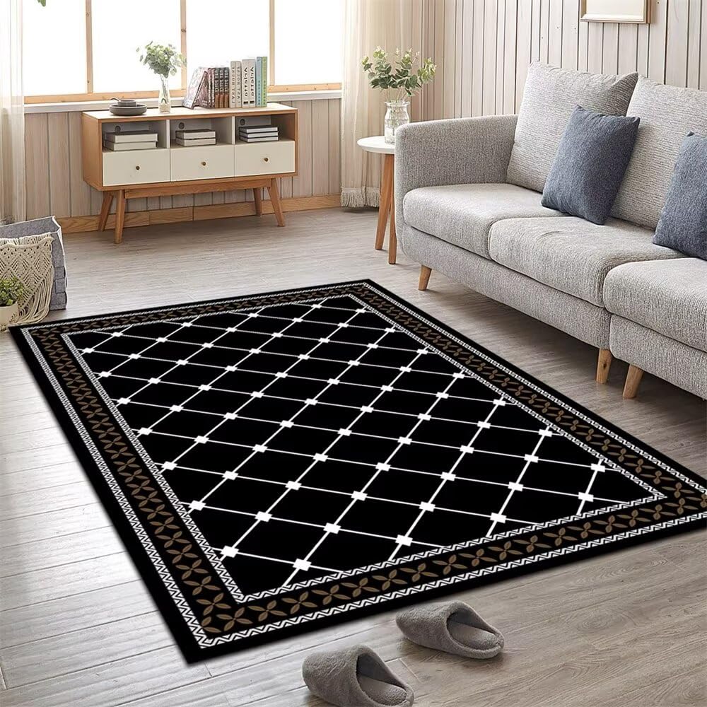 Tapis de salon noir 120x150cm lavable à motif grille moderne