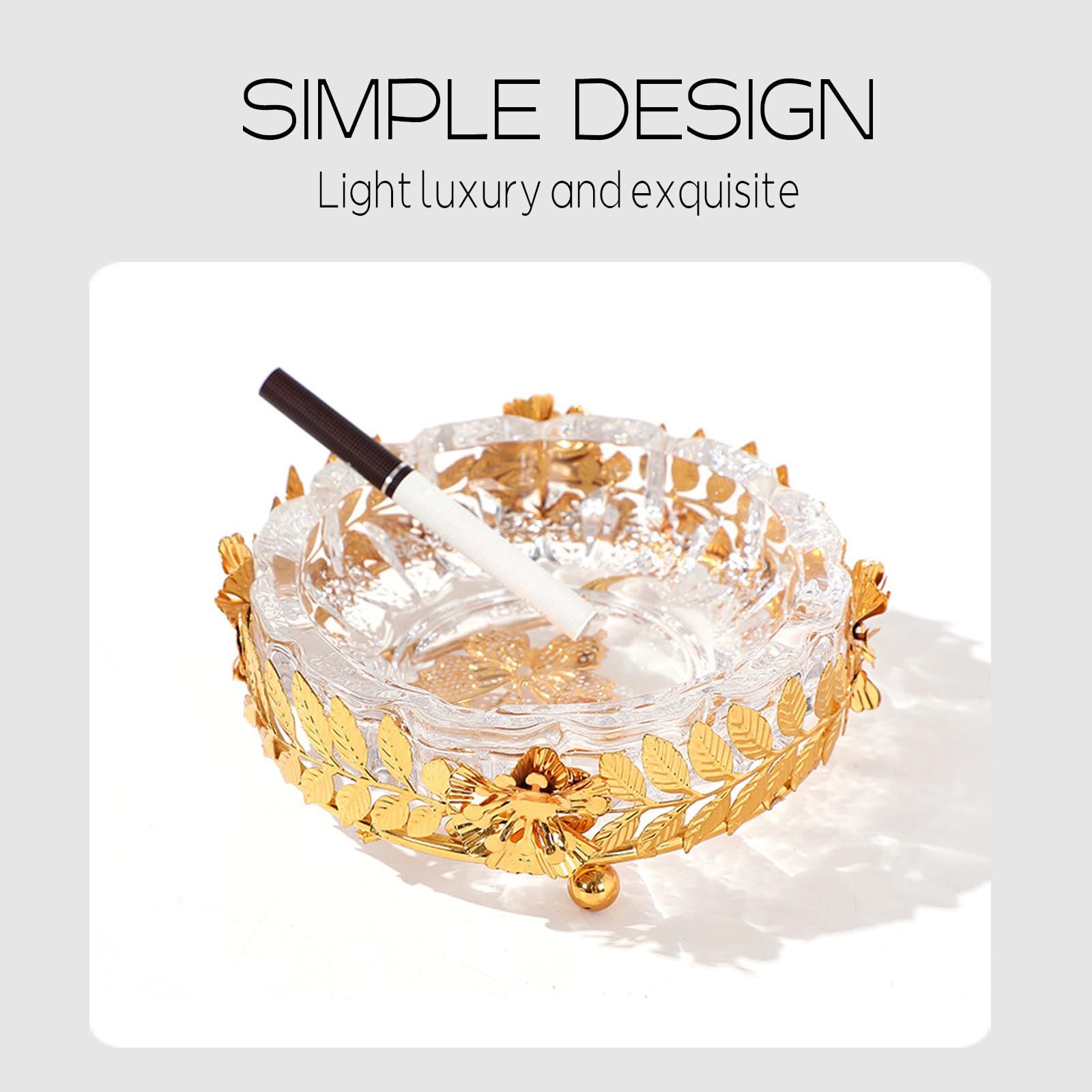 Crystal Glass Ashtray, Glass Ashtray for Cigarettes,Cigar Cigarettes Ashtray,Tabletop Ashtray Holder,Gold stand + glass ashtray, stylish desktop decoration ashtray(Butterfly 1)