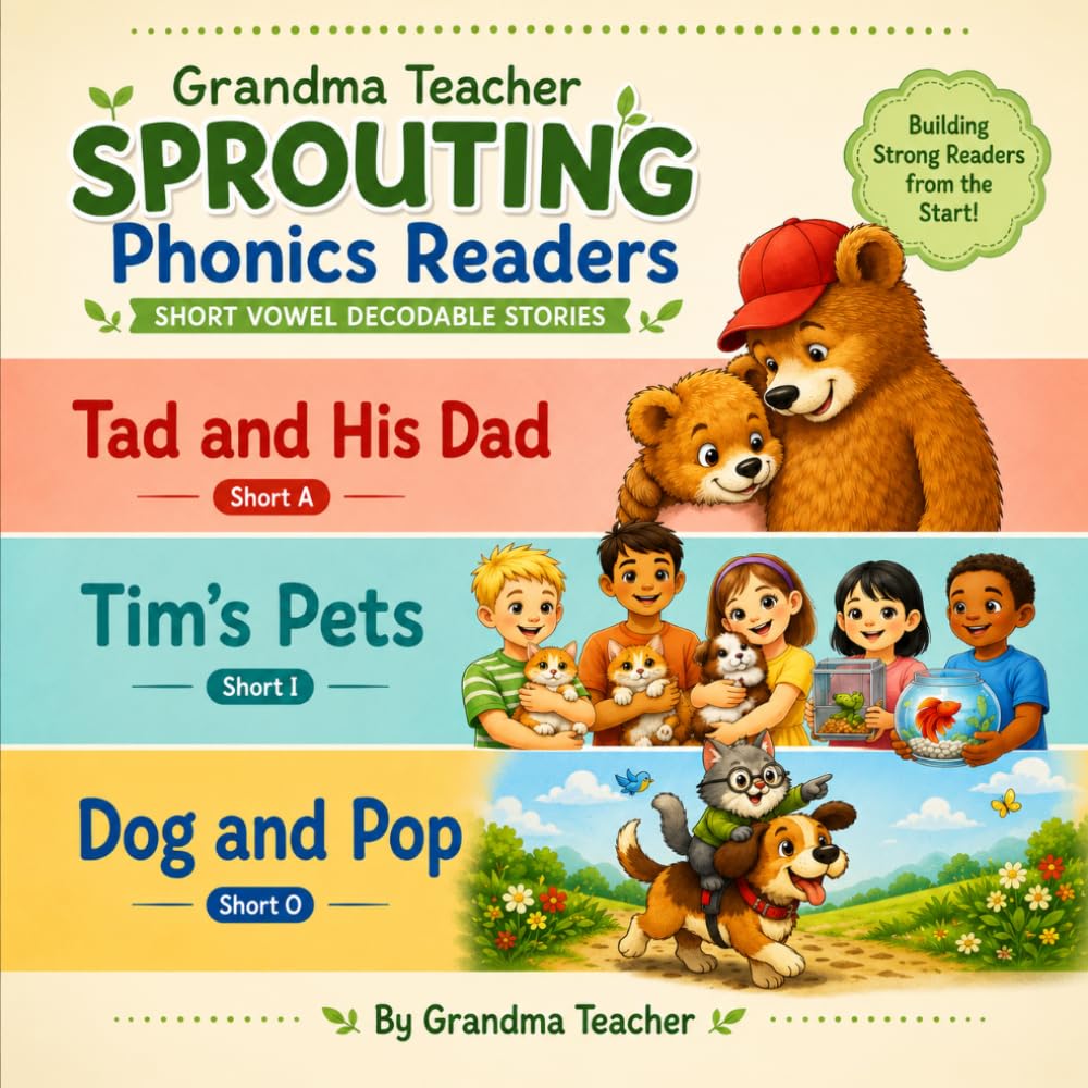 Grandma Teacher Sprouting Phonics Reader: Tad and His Dad, Tim's Pets, and Dog and Pop: Beginning Short Vowel Decodable Series