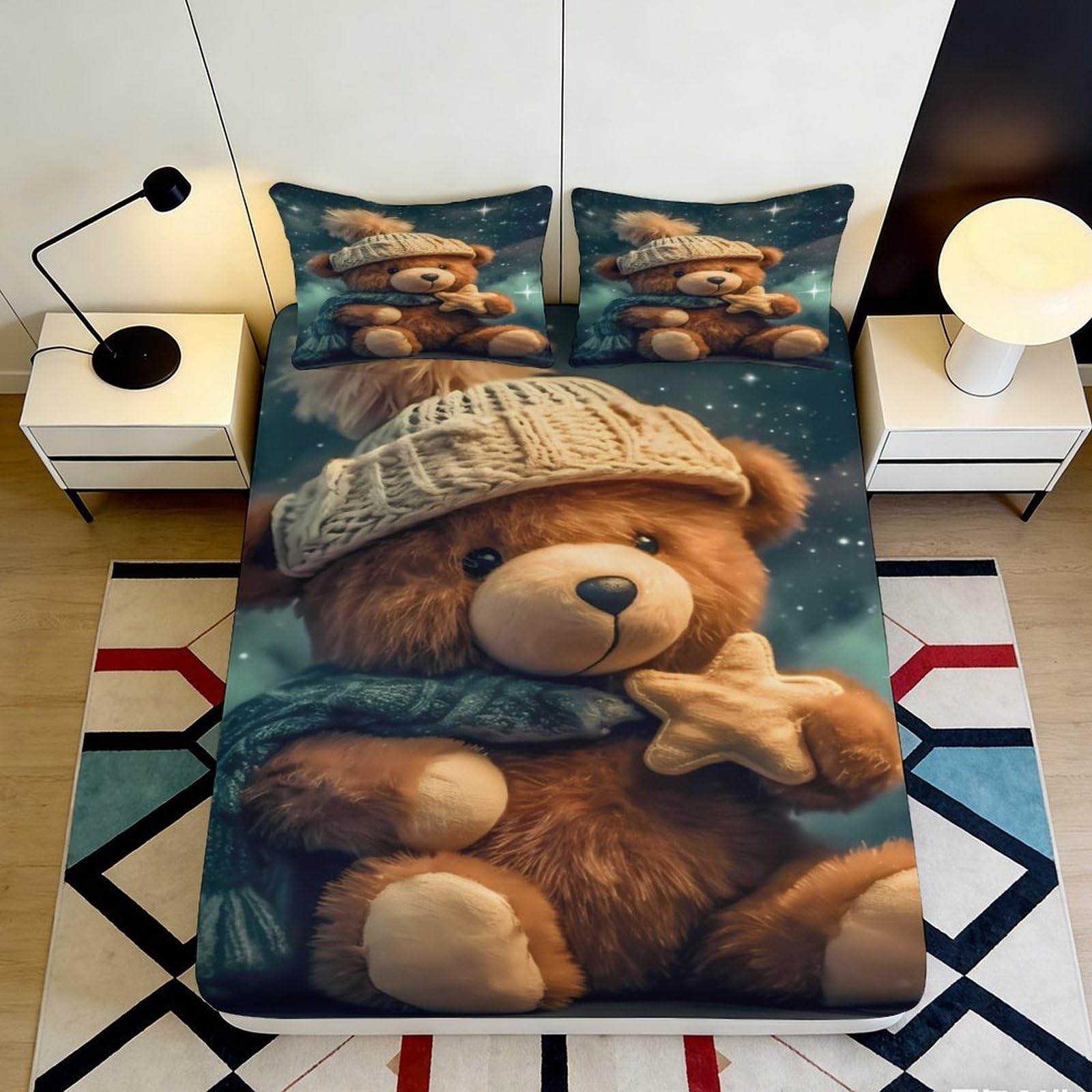 3D Printed Cute Teddy Bear Fitted Sheet Microfiber Elastic Hem Deep Pocket Bedroom Bedding Teddy Bear Mattress Fitted Cover 200x200x25cm 90x200x25cm
