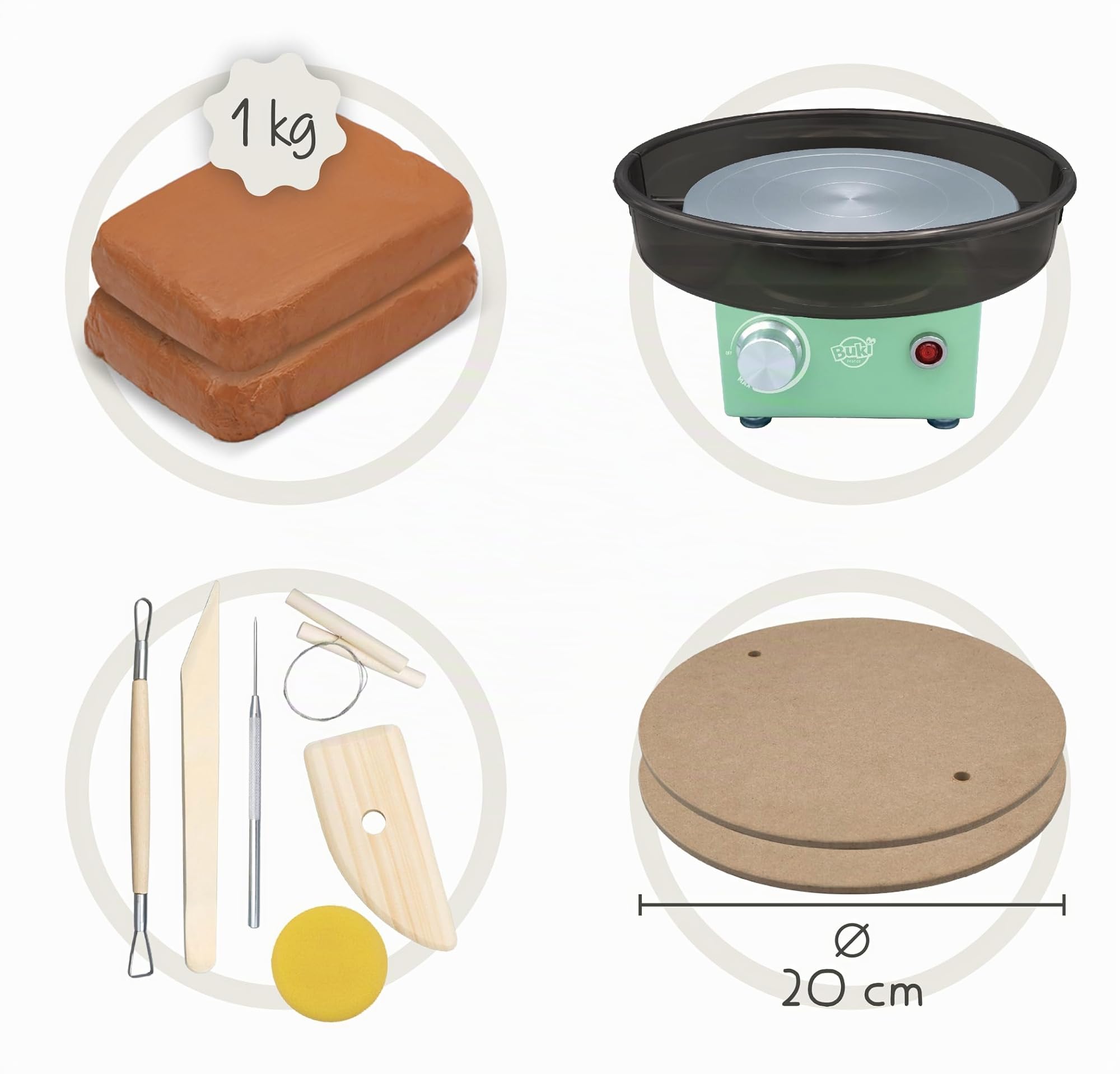 BUKI 5441 - Professional Studio Alfarería Experto - Torno de alfarero eléctrico – 220 RPM, Disco metálico 20 cm, 1 kg Barro, Accesorios, Desde 10 años