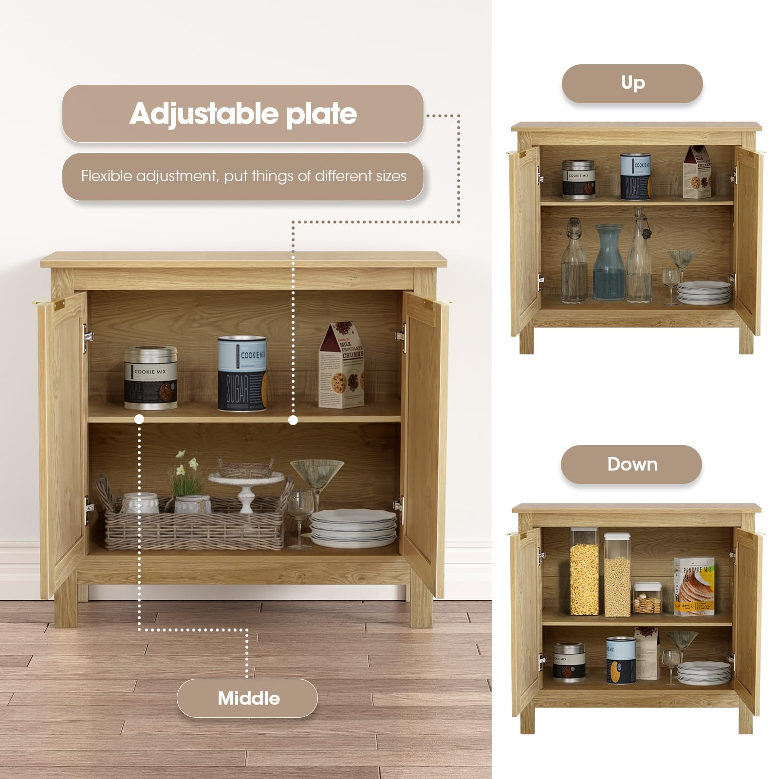 Aparador de Ratán, Armario de Cocina, Armario de Almacenamiento con Estante Ajustable, Rústico, Antivuelco, Mueble Auxiliar de Cocina para Comedor, Pasillo