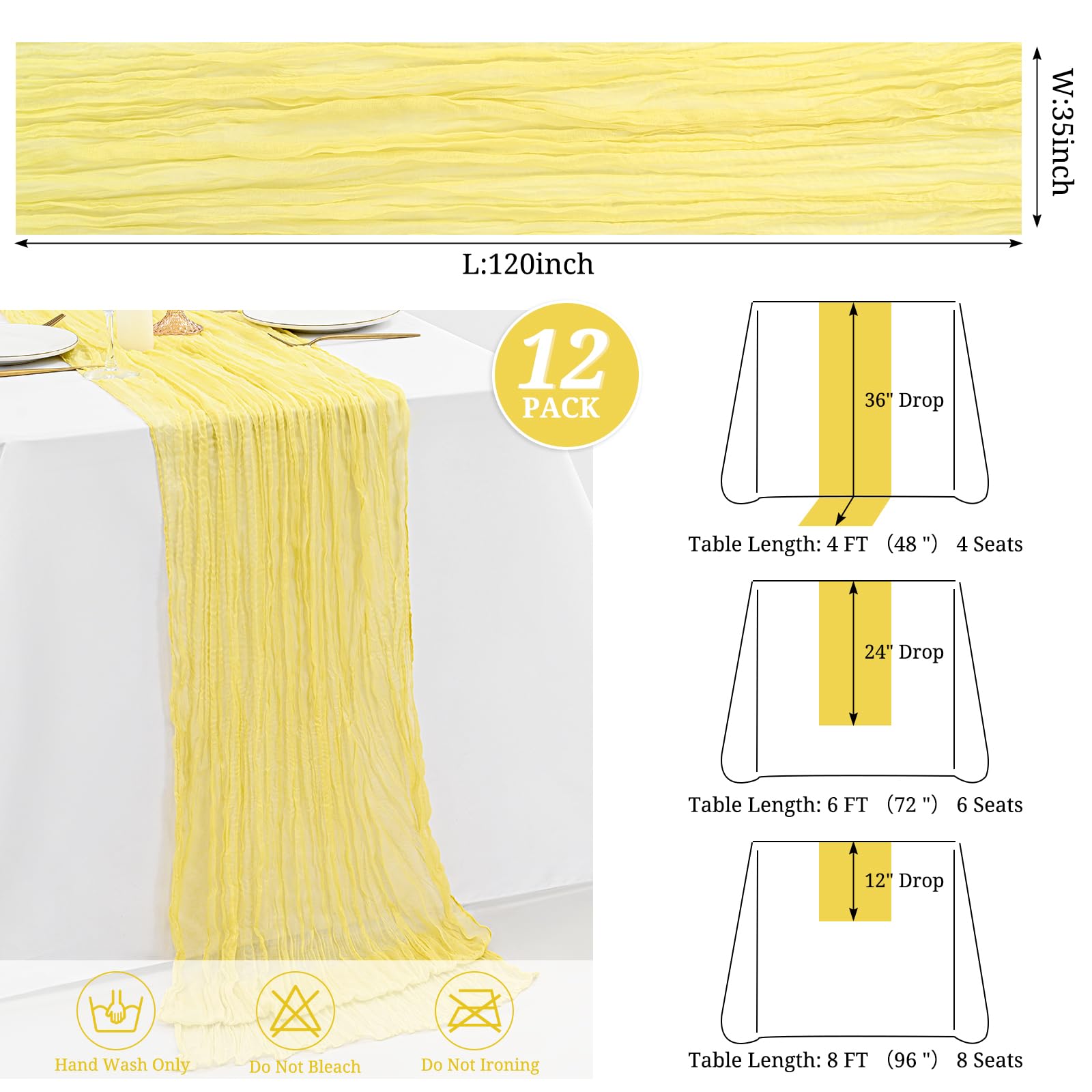 Paquete de 12 Caminos de Mesa de Gasa Amarillo Claro de 35 x 120 Pulgadas, Camino de Mesa de Gasa de 10 pies, Camino de Mesa Bohemio rústico para Boda, Despedida de Soltera, graduación, Banquete,