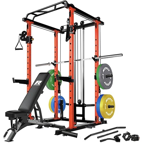 RitFit Multi-Function Squat Rack Power Cage PPC03 with Cable Crossover System, 1000LBS Capacity Power Rack and Packages with Optional Weight Bench, Barbell Weight Set, for Garage Workout & Home Gym