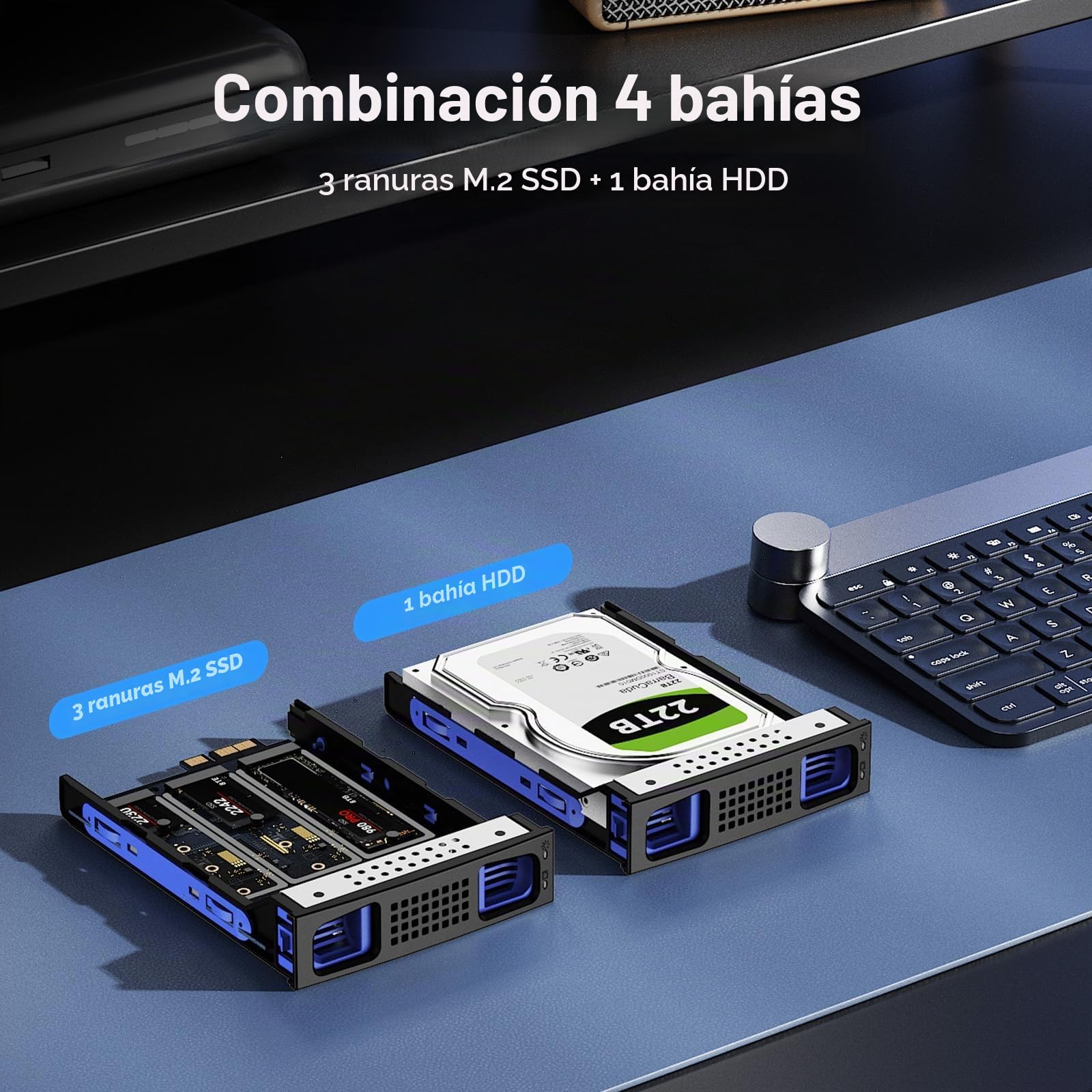 Carcasa NVMe Híbrida 3.5 HDD+3*M.2 con Ventilador para 2.5/3.5" SATA HDD/SSD, Carcasa Disco Duro USB3.2 Gen2 10Gbps Soporta 2230/42/60/80/110 SSD con 46TB de Capacidad(22TB HDD+3*8TB M.2 SSD)