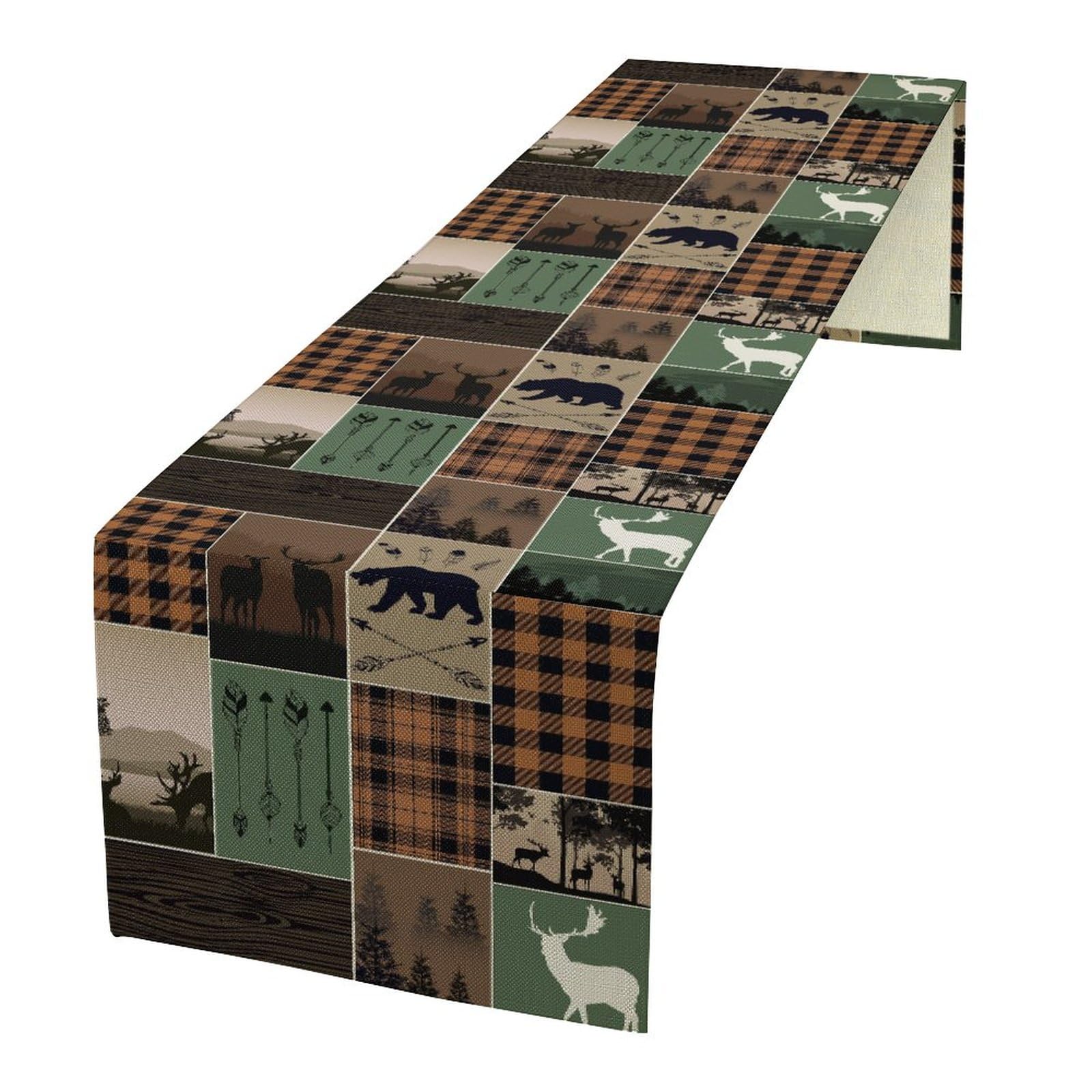 Rustic Country Cabin Hunting Moose Table Runner,Retro Green Patchwork Bear Deer Hunting Wild Animal Plaid Checkered for Kitchen Dining Room 13x108in