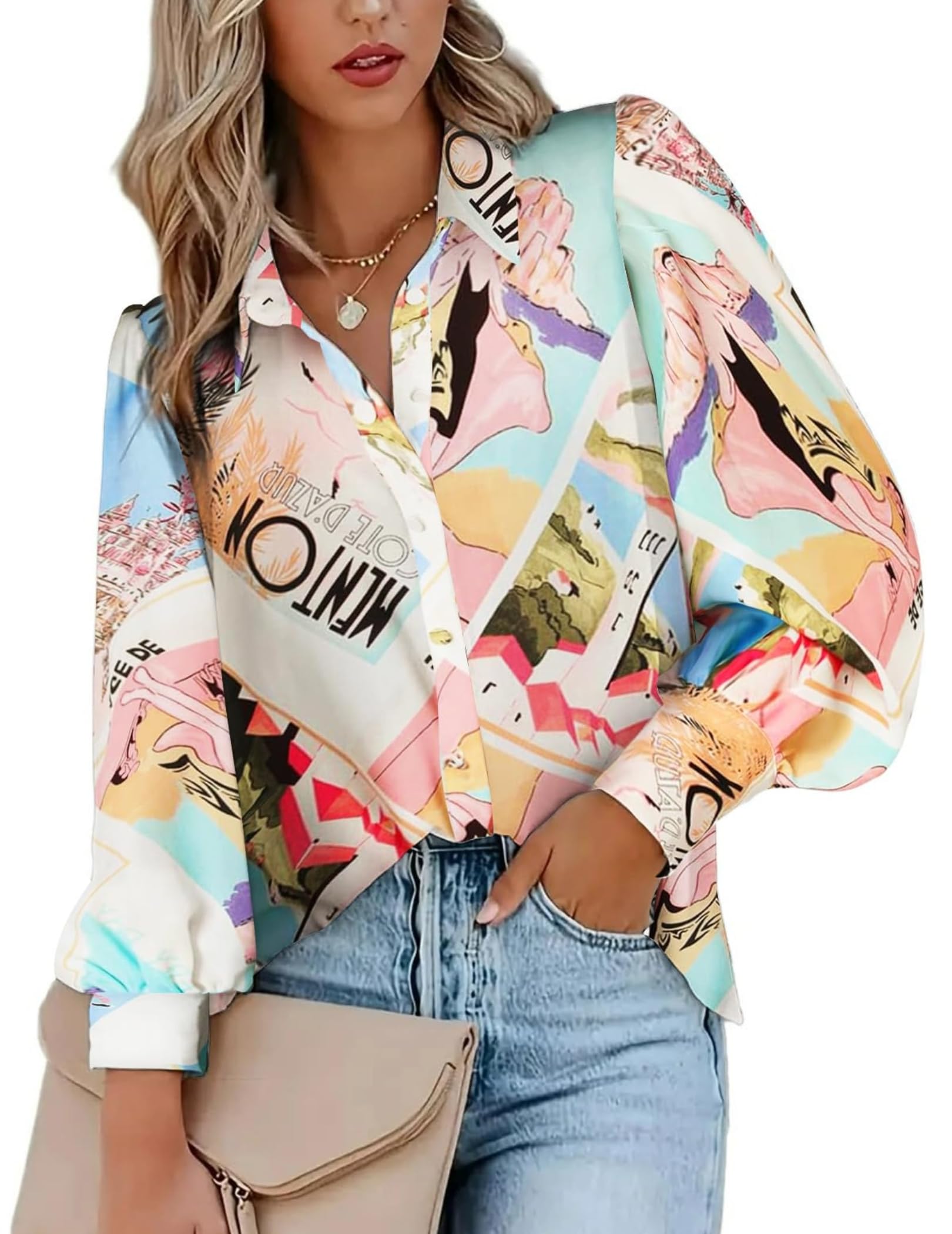 ZEAGOO Damen Bluse Elegant Puffärmel Hemdbluse LässigesV-Ausschnitt Longbluse Langarm Business Oberteile