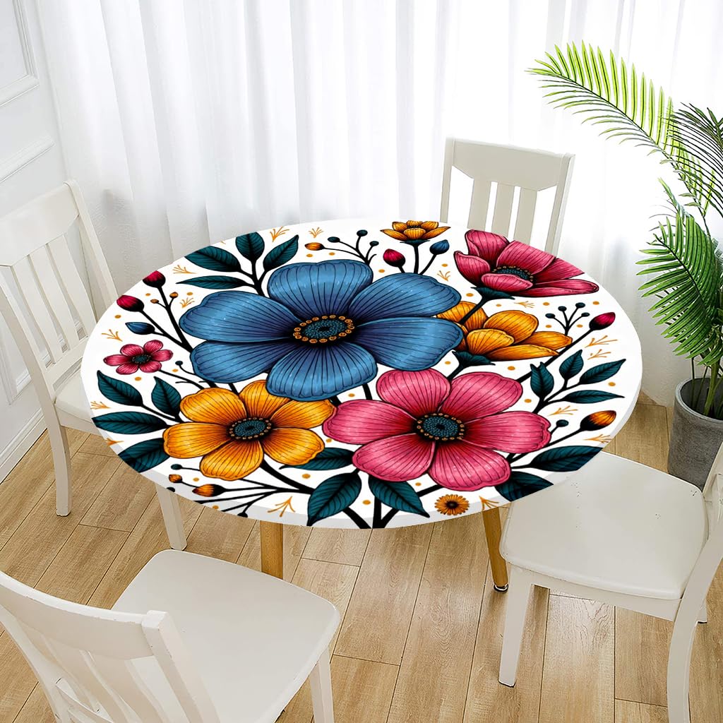 DOTBUY-SHOP 3D Floral Round Tablecloth Waterproof Washable Elastic Edged Fitted Circular Table Cloth Stain Resistant Wipe Clean Table Cover for Dining Kitchen Wedding Party (Blue flowers,90cm)