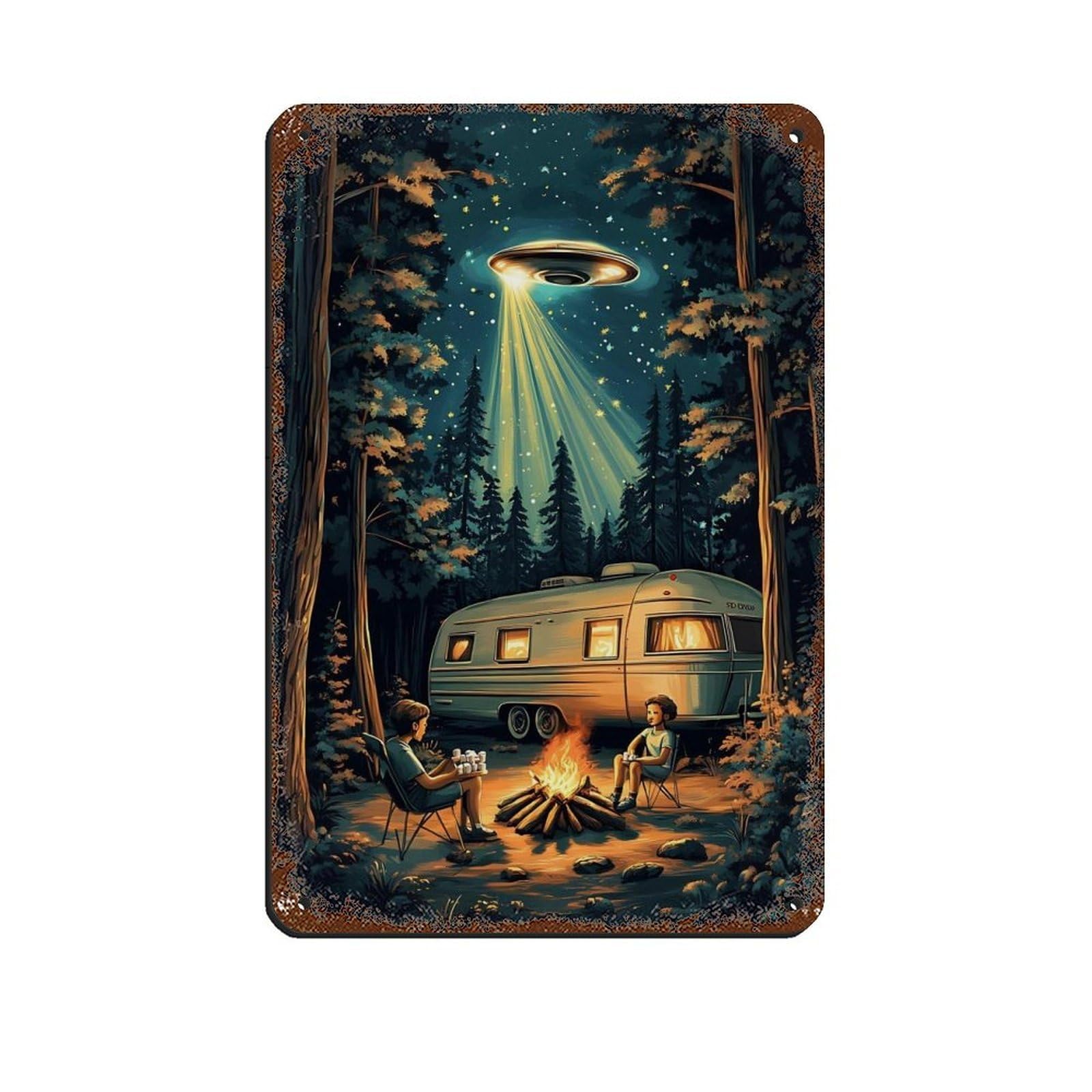Retro UFO Camping Surreal Night Scene Tin Sign Vintage Metal Pub Club Cafe Bar Home Wall Art Decoration Poster Retro 8x12inch(20x30cm)