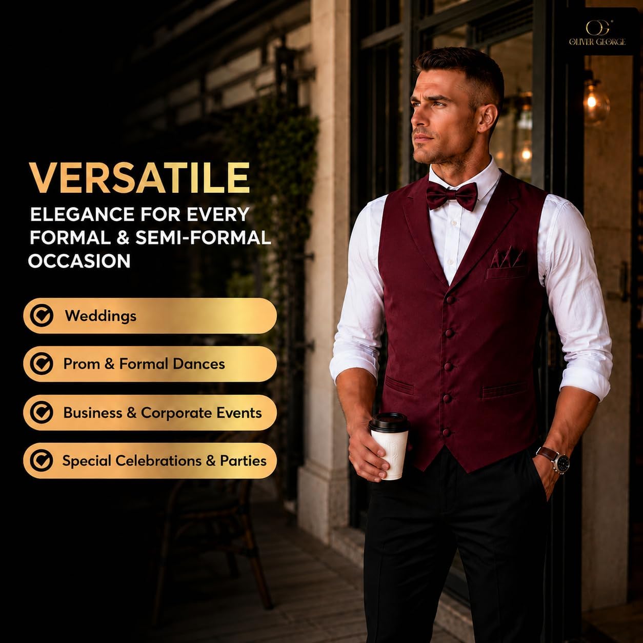 Oliver George Men’s 3pc Solid Suit Vest Notch Shawl Lapel Waistcoat Tuxedo Dress Vest BowTie Handkerchief Set