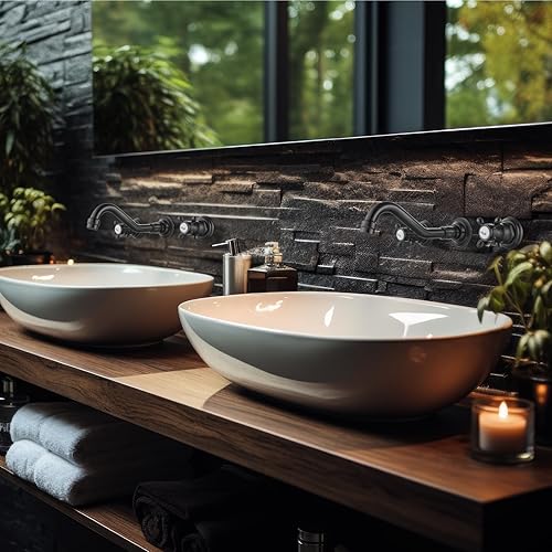 Miniatura 5 de Midanya Grifo de fregadero de baño extendido para montaje en pared, 3 agujeros, 2 pomos cruzados, latón lavabo mezclador, boquilla mezcladora, doble