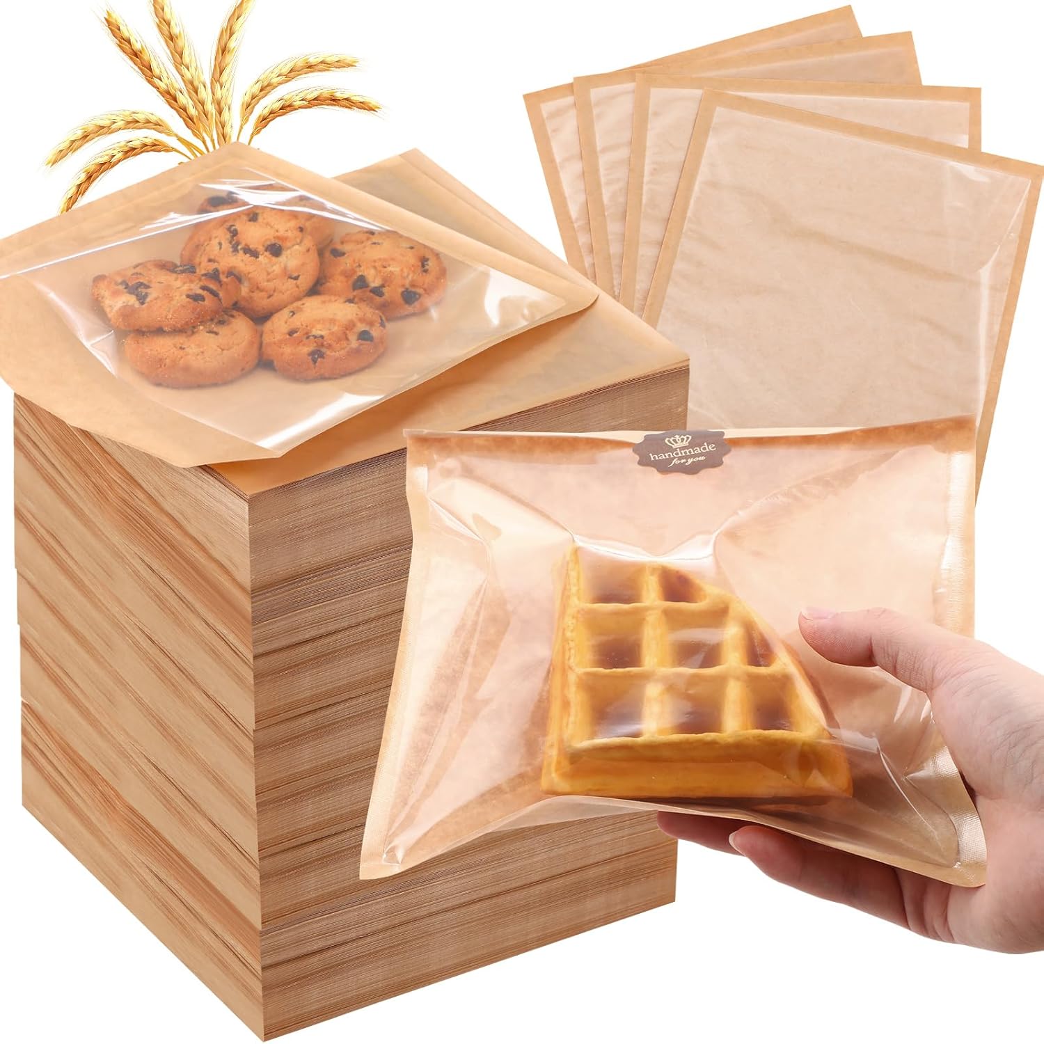 Yeaqee 1000 Pcs Bakery Bags 7.1 x 7.5 Inches Heat Sealable Donut Bag with Window Paper Sandwich Bag Grease Resistant Cookie Packaging Kraft Sleeves for Pastries Snacks Egg Biscuits Treat (Black)