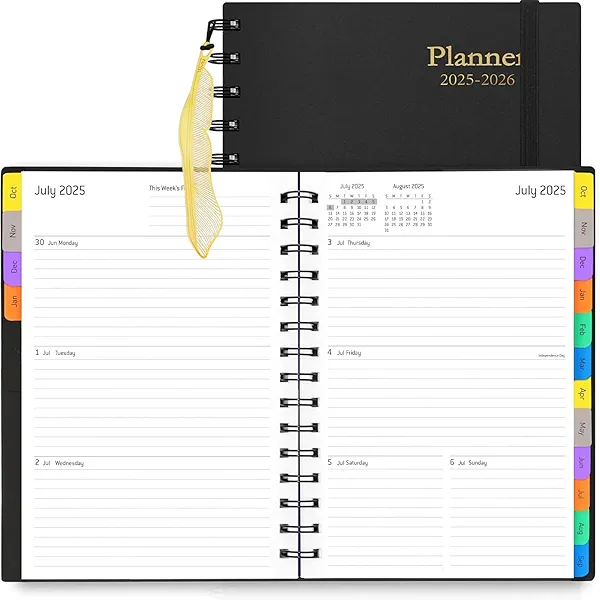 Daily Planner 2025-2026(July 2025 - December 2026) - 18 Month Planner with Tabs, Calendar Yearly Monthly Weekly Spiral Time Management, Flexible Cover, 100GSM Thick Paper, A5 Size, Black