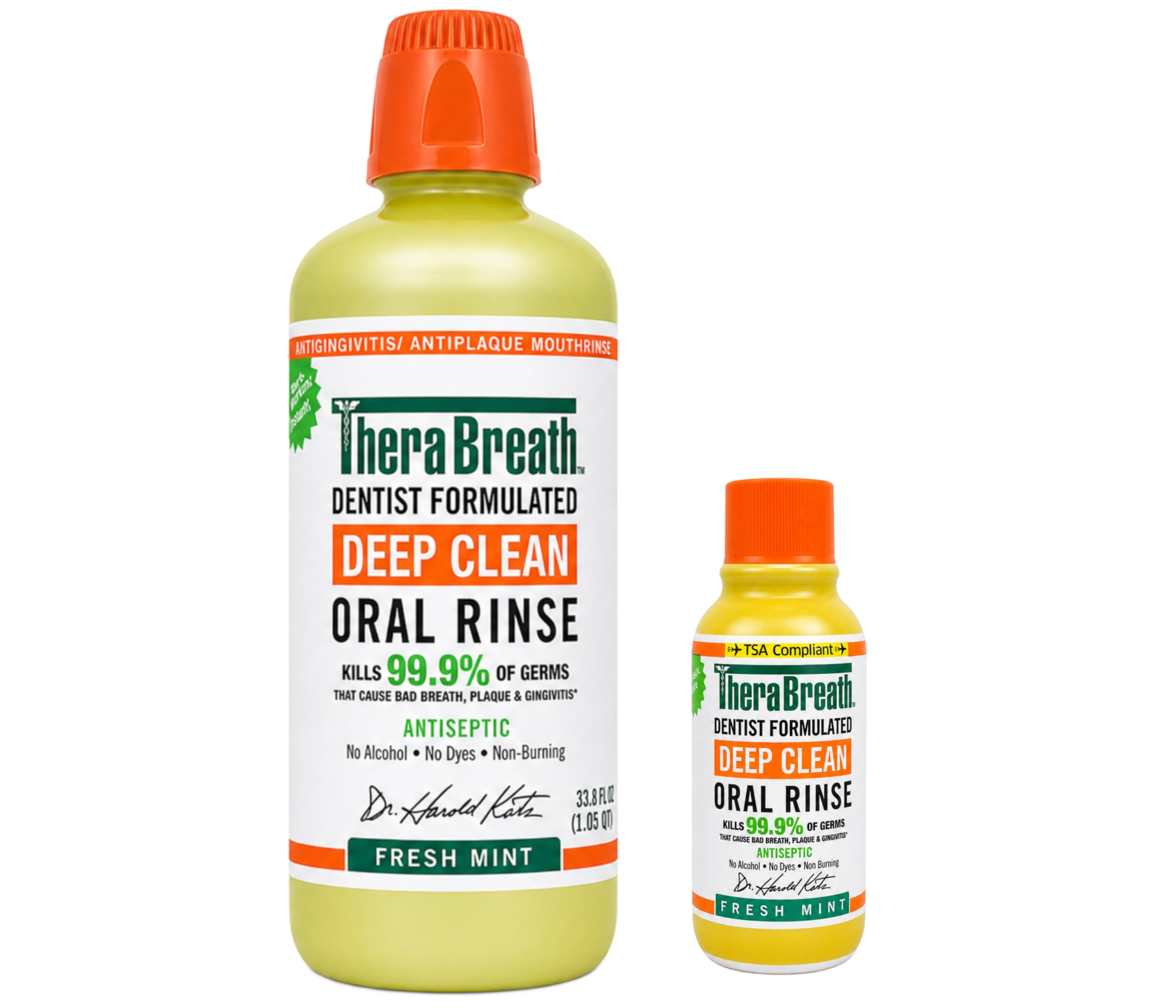 TheraBreath Deep Clean Oral Rinse Fresh Mint 33.8 oz and TSA Compliant Deep Clean Oral Rinse 3 oz Kit, Antiseptic Mouthrinse